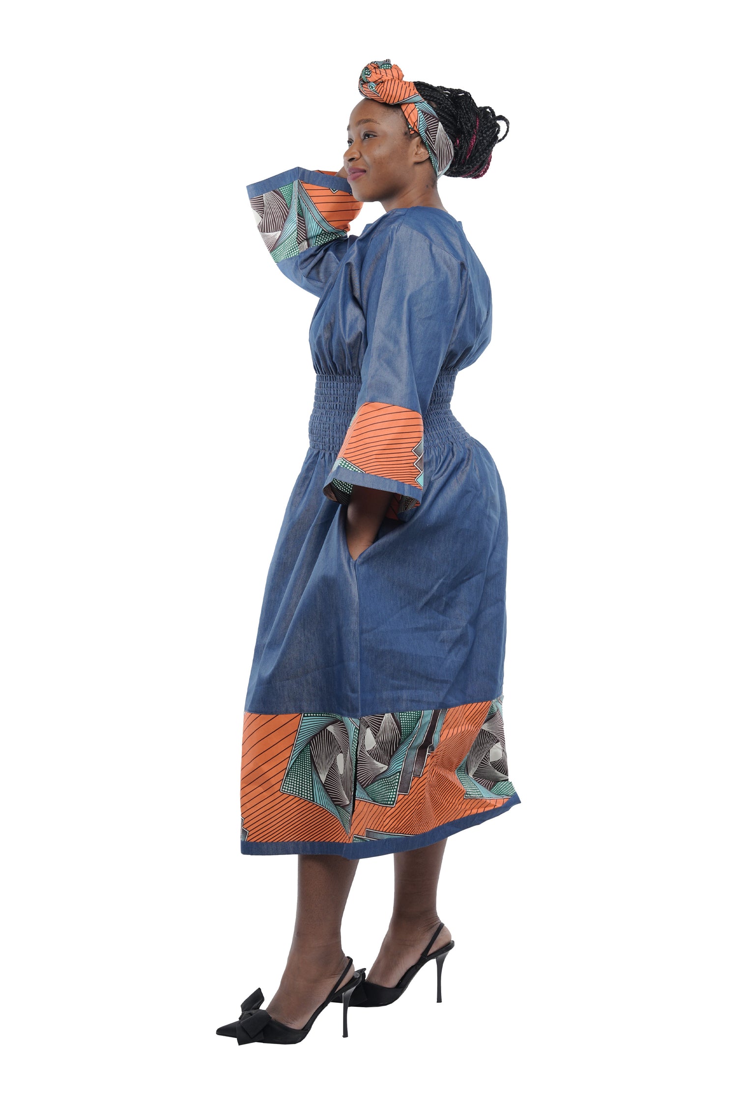 African Trim Blue Midi Dress