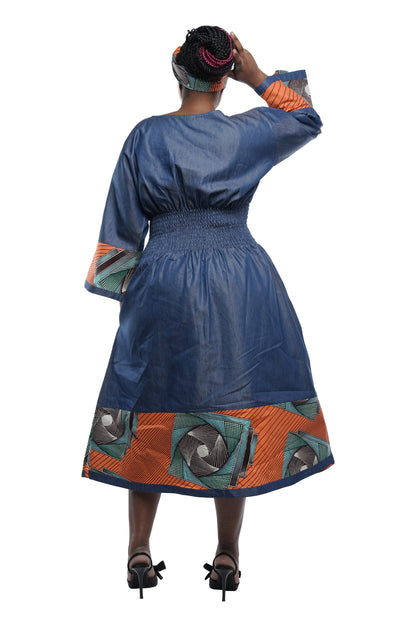 African Trim Blue Midi Dress