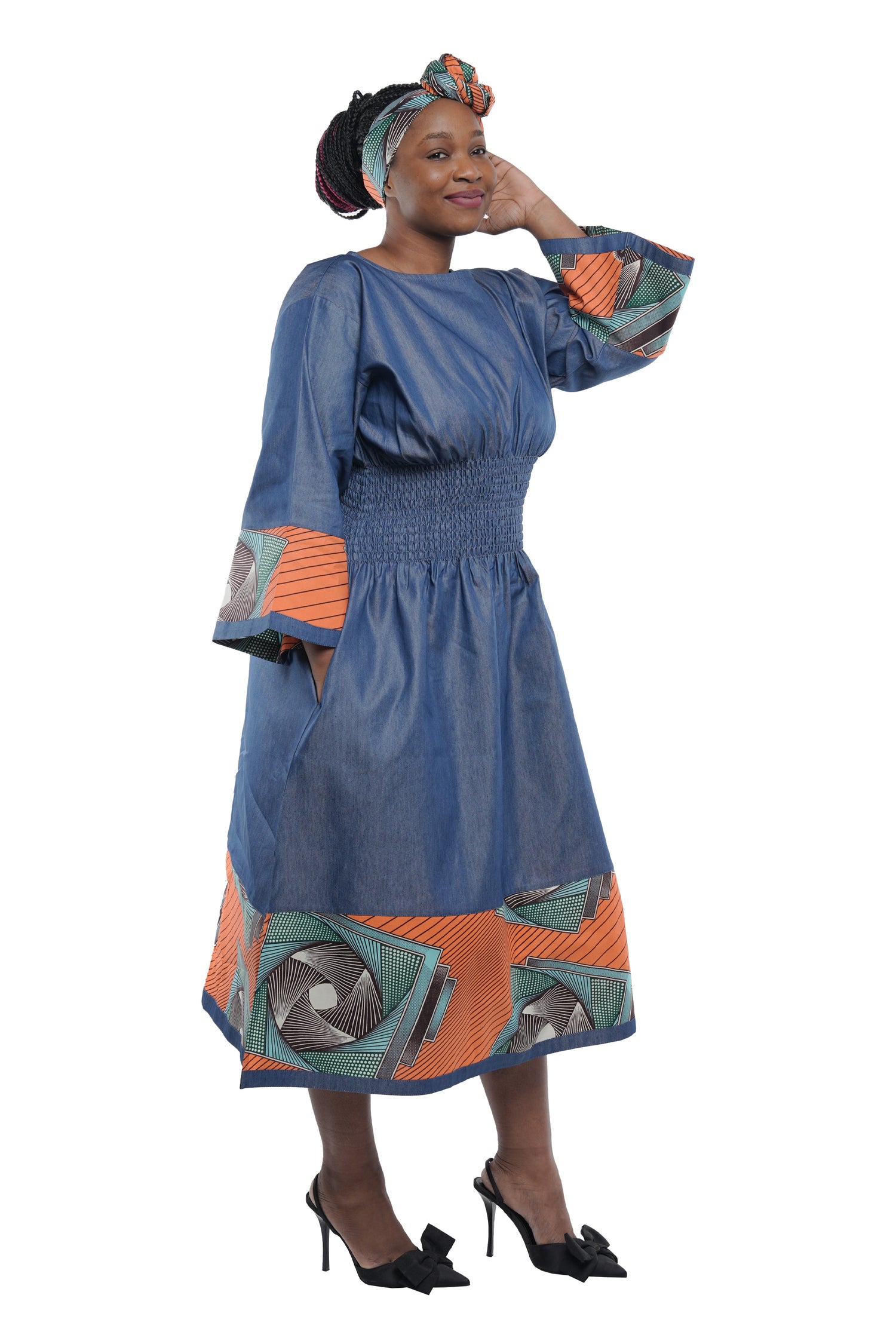 African Trim Blue Midi Dress