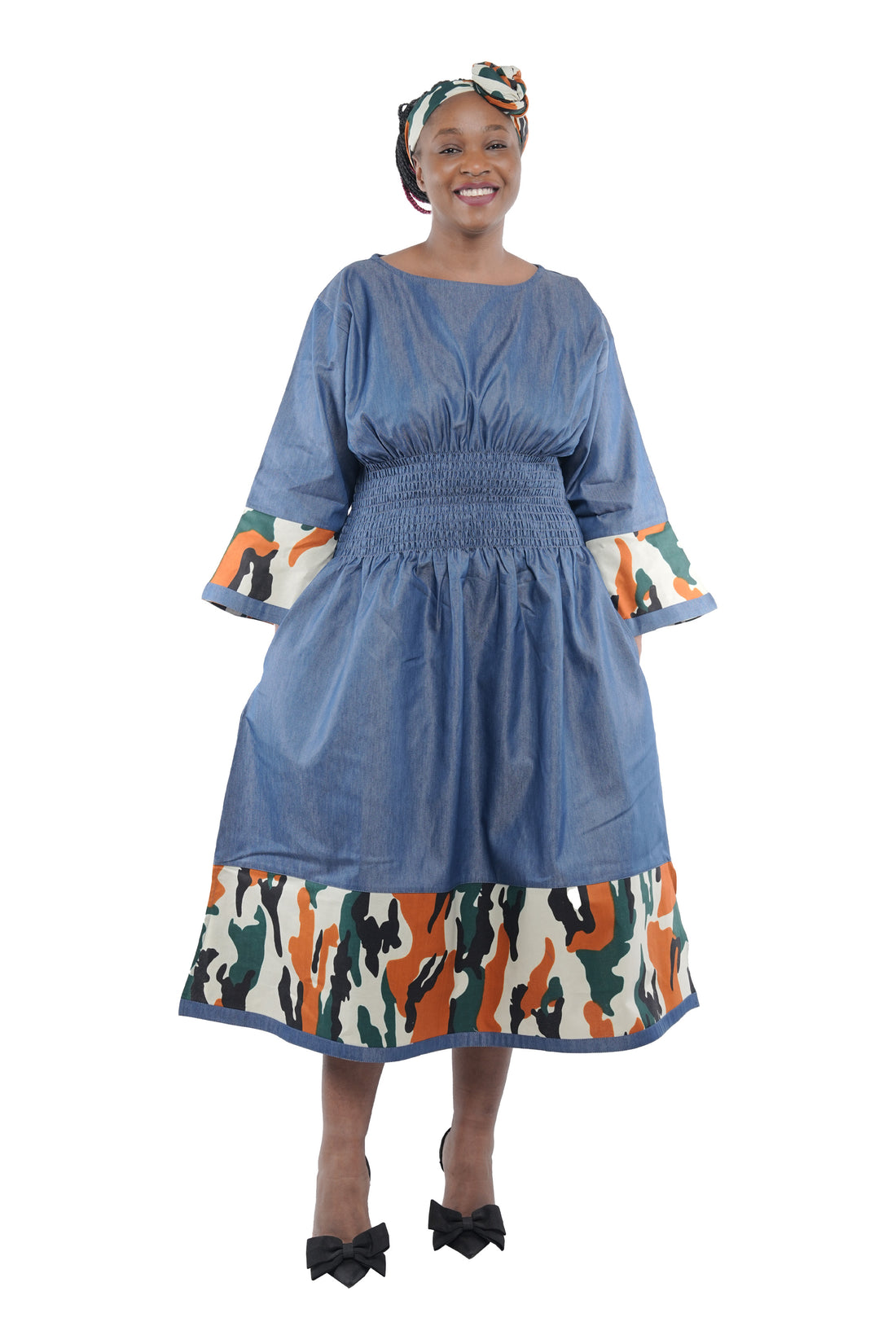African Trim Blue Midi Dress