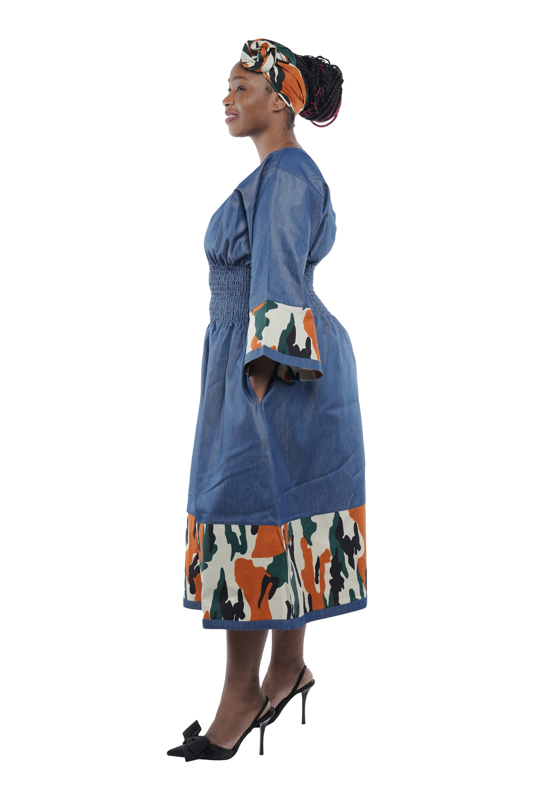 African Trim Blue Midi Dress