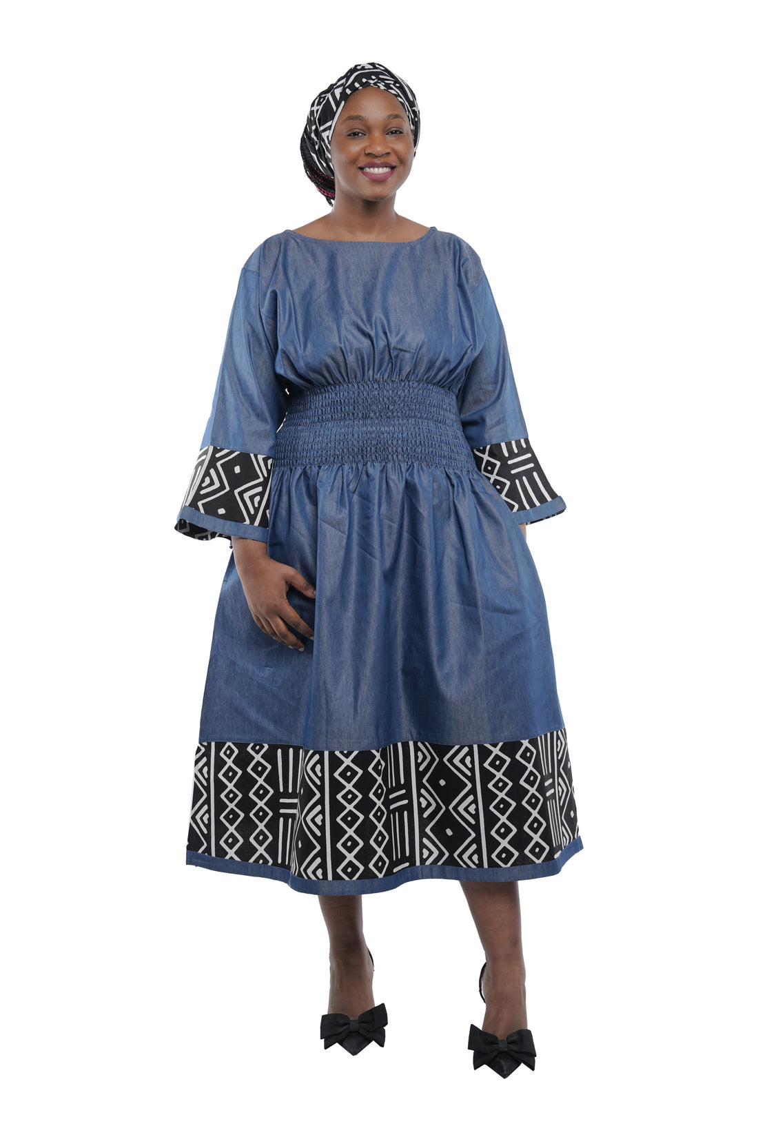 African Trim Blue Midi Dress