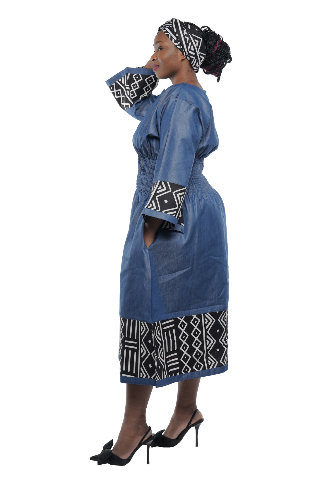 African Trim Blue Midi Dress