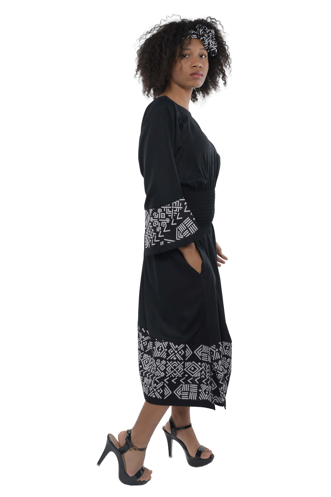 African Trim Black Midi Dress