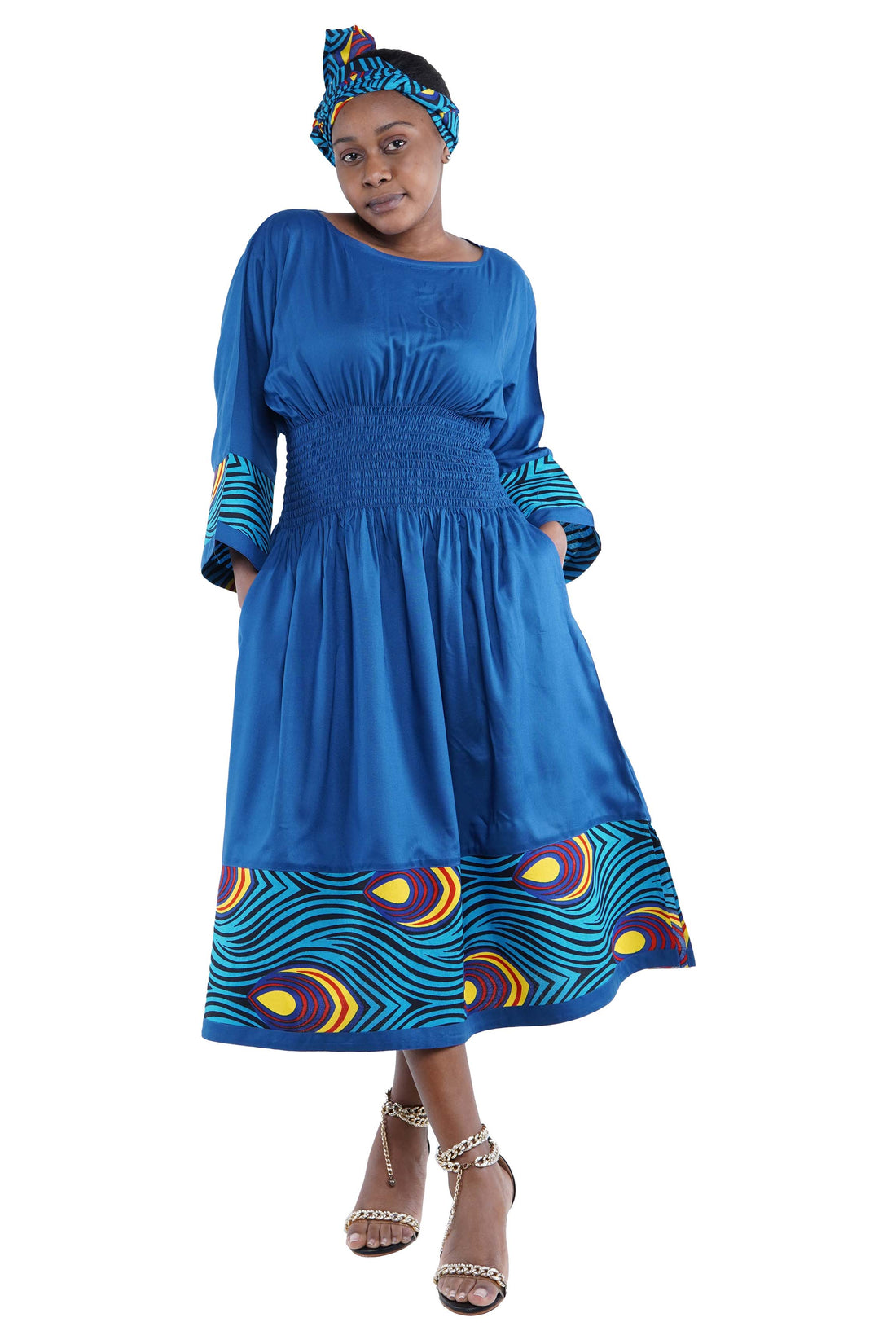 African Trim Blue Midi Dress