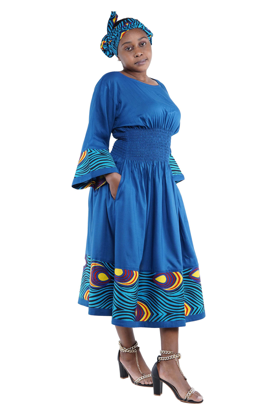 African Trim Blue Midi Dress