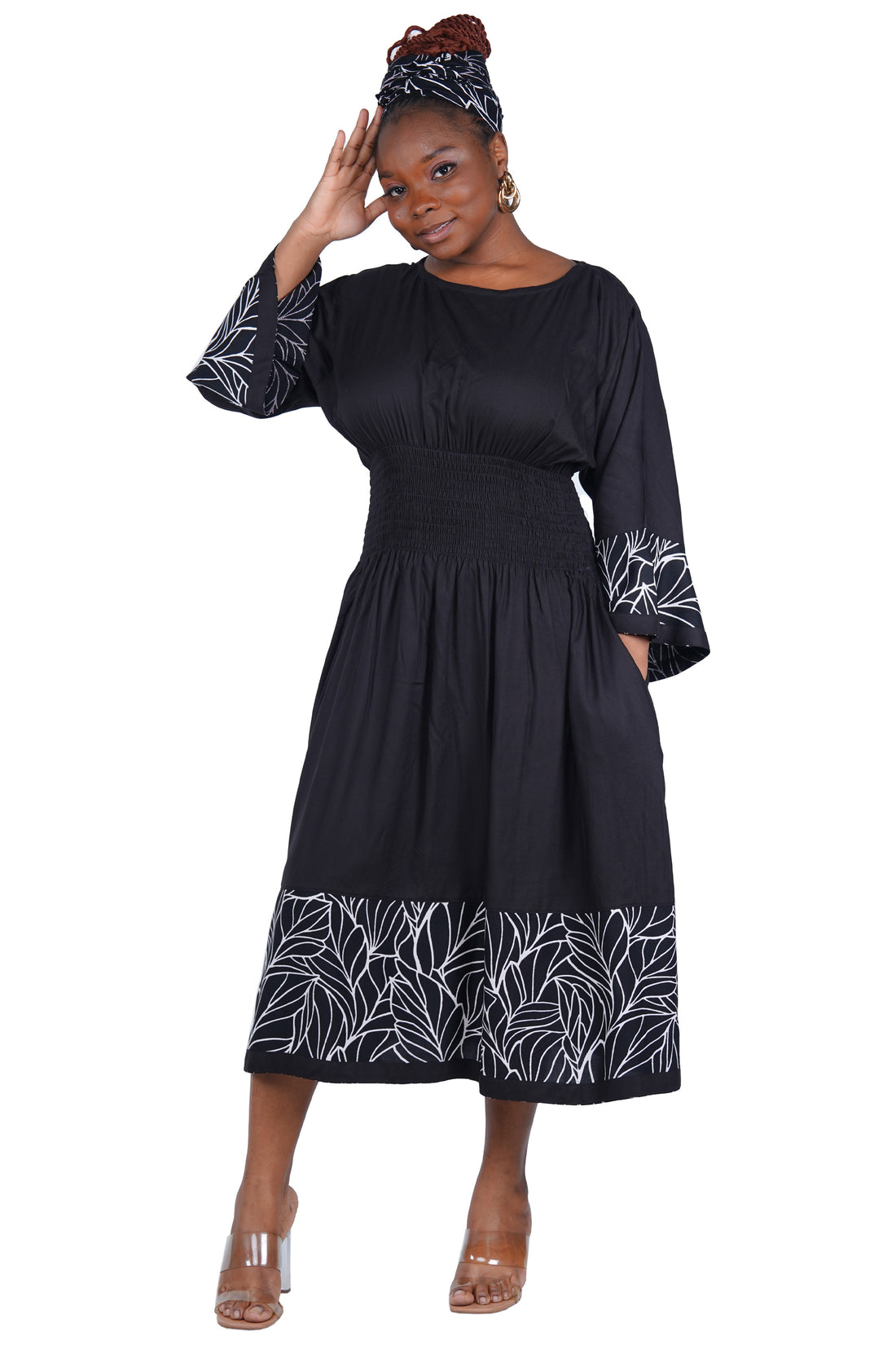 African Trim Midi Dress – Smocked, Headwrap &amp; Pockets | 100% Rayon | Patch work