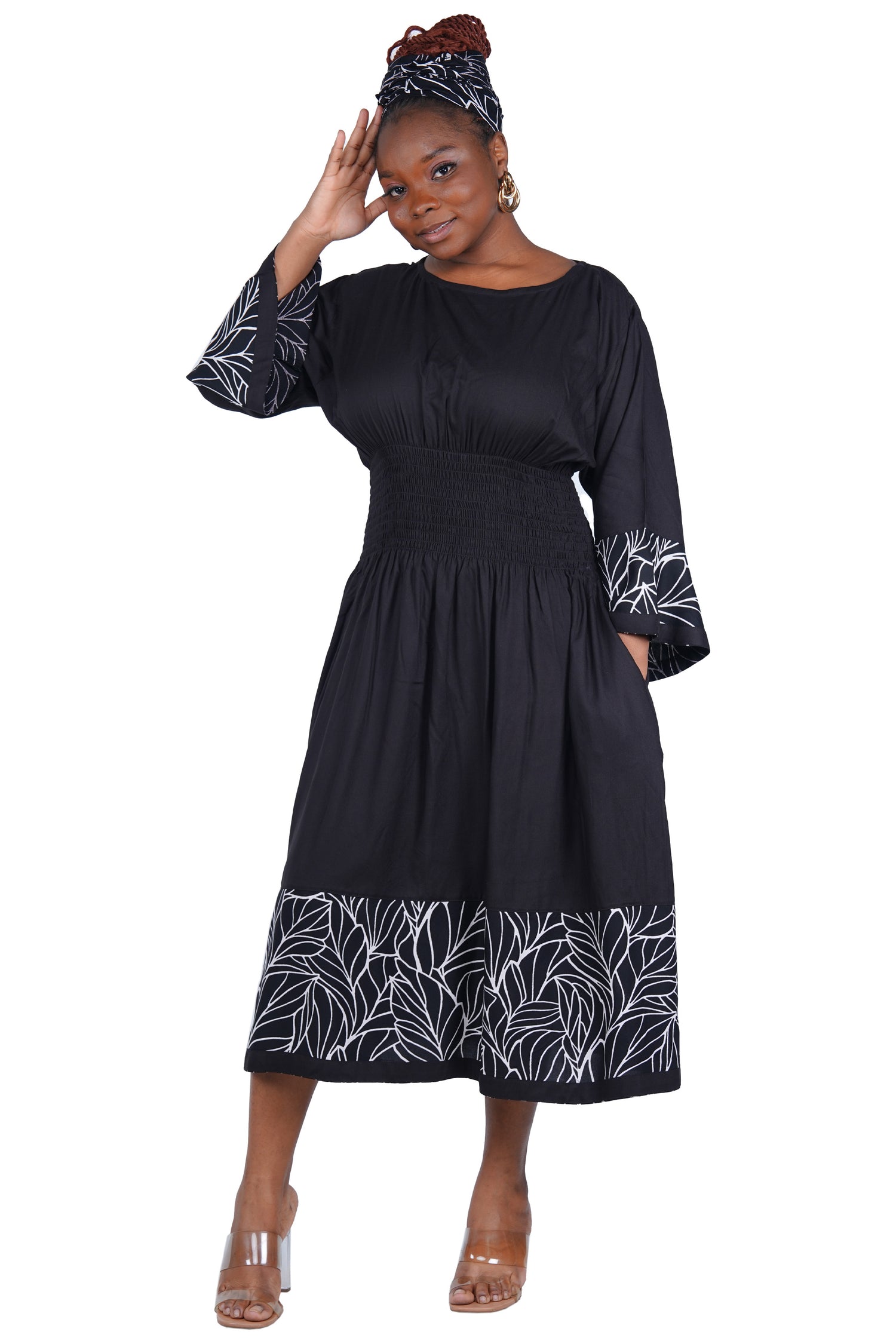 African Trim Midi Dress – Smocked, Headwrap &amp; Pockets | 100% Rayon | Patch work