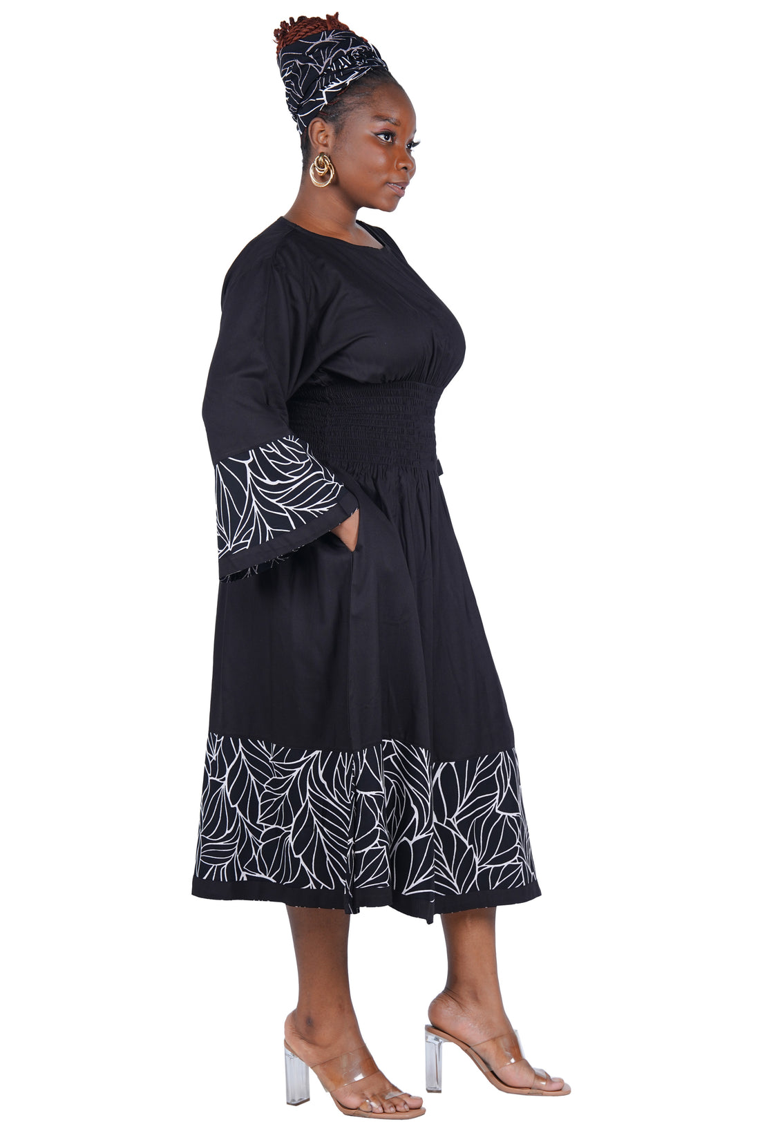 African Trim Midi Dress – Smocked, Headwrap &amp; Pockets | 100% Rayon | Patch work