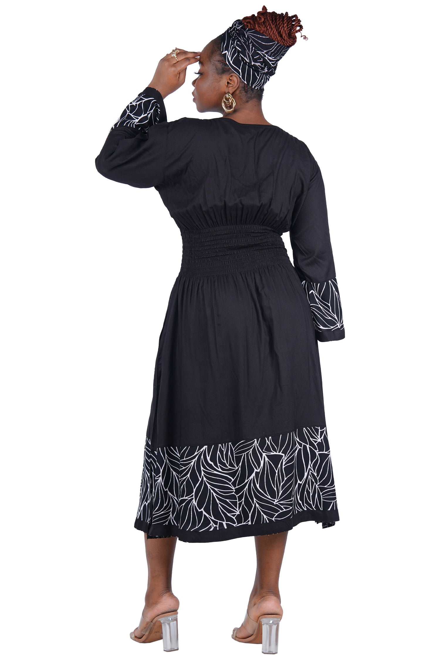 African Trim Midi Dress – Smocked, Headwrap &amp; Pockets | 100% Rayon | Patch work