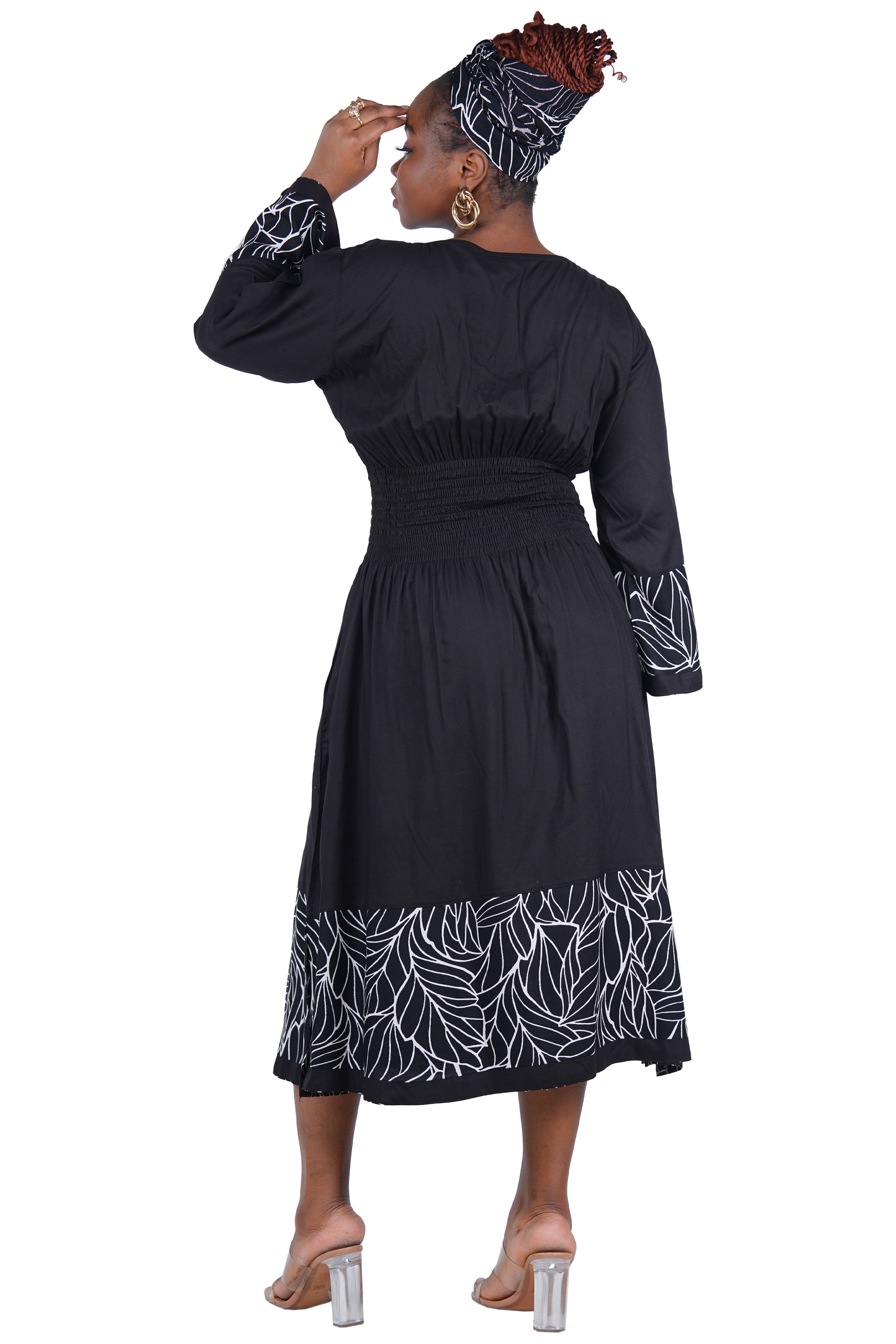 African Trim Midi Dress – Smocked, Headwrap &amp; Pockets | 100% Rayon | Patch work