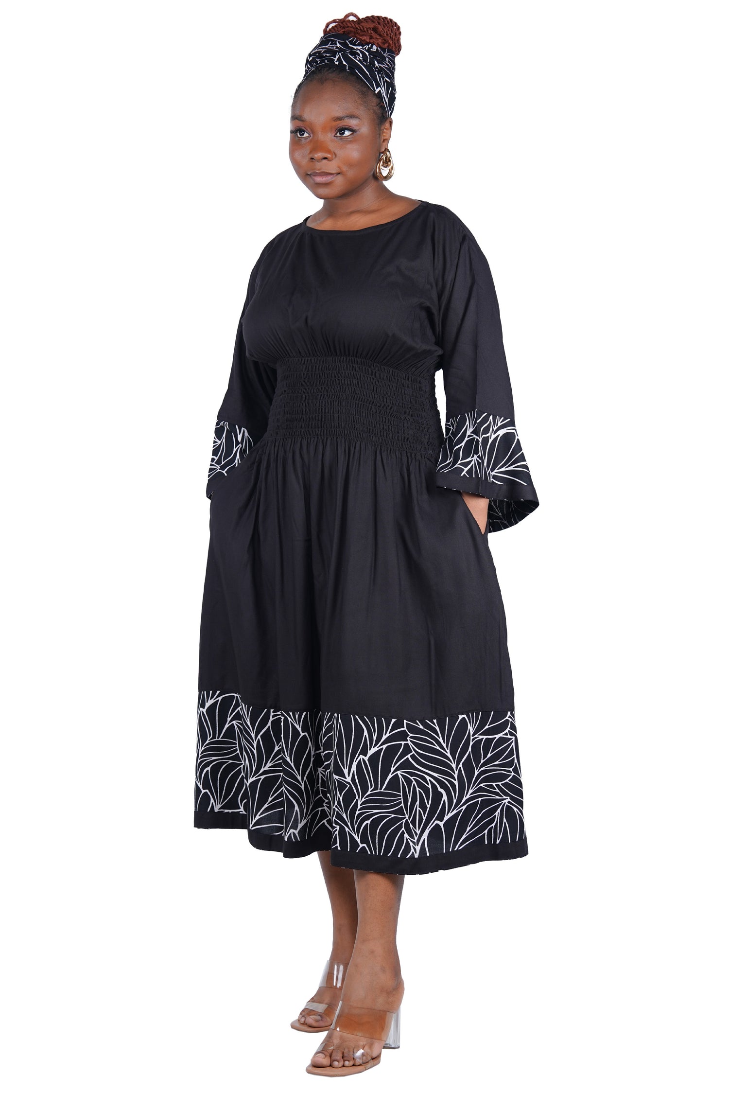 African Trim Midi Dress – Smocked, Headwrap &amp; Pockets | 100% Rayon | Patch work