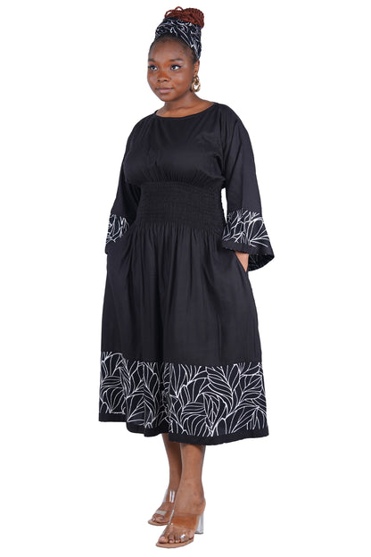 African Trim Midi Dress – Smocked, Headwrap &amp; Pockets | 100% Rayon | Patch work