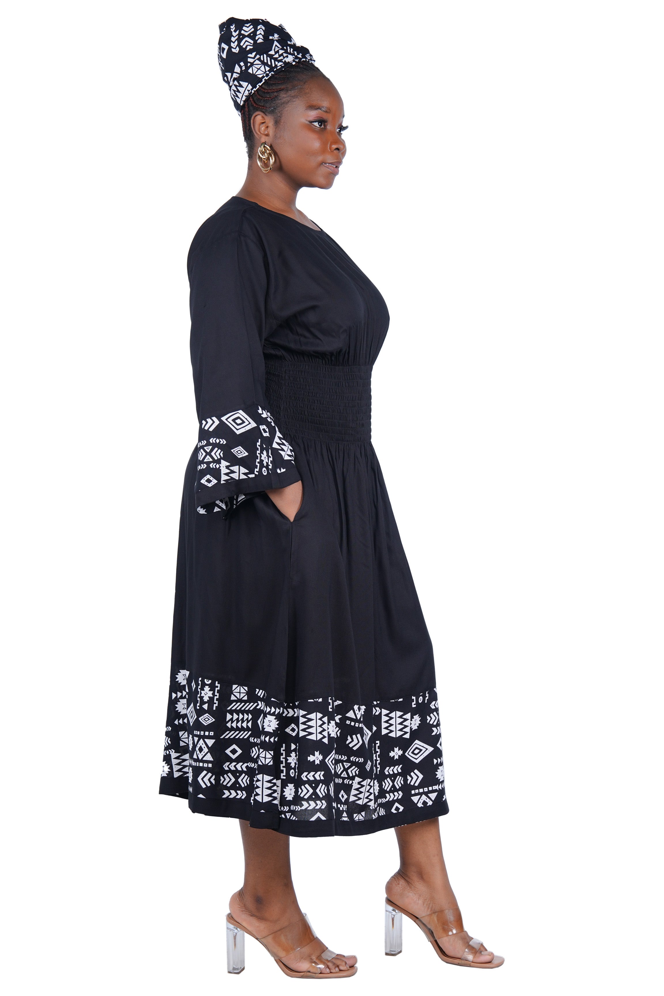 African Trim Midi Dress – Smocked, Headwrap &amp; Pockets | 100% Rayon | Patch work
