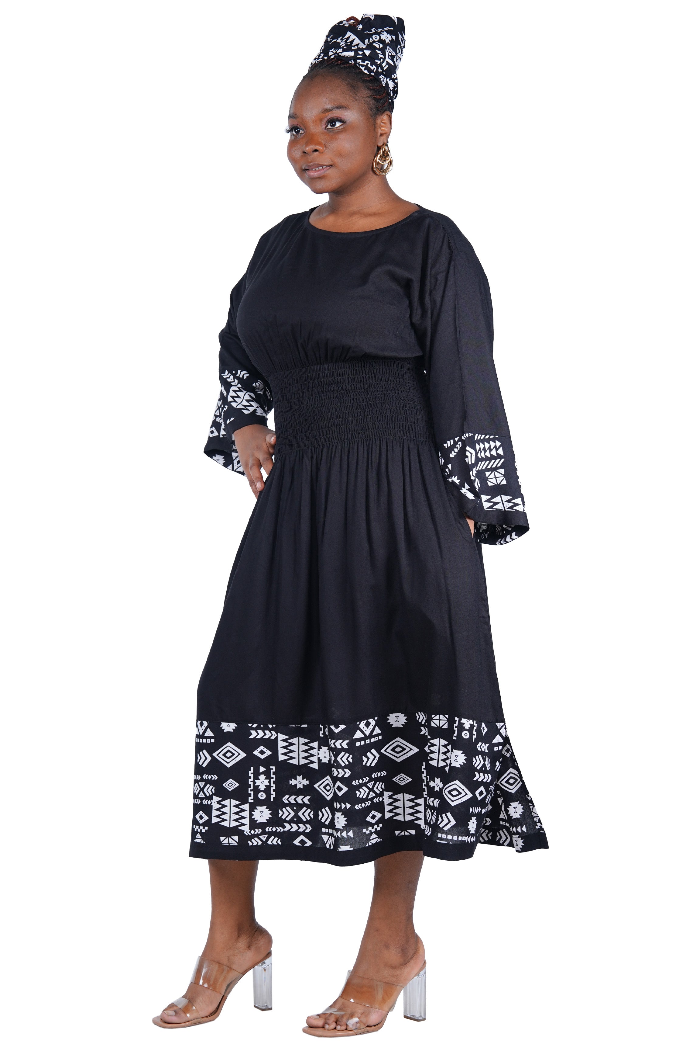 African Trim Midi Dress – Smocked, Headwrap &amp; Pockets | 100% Rayon | Patch work