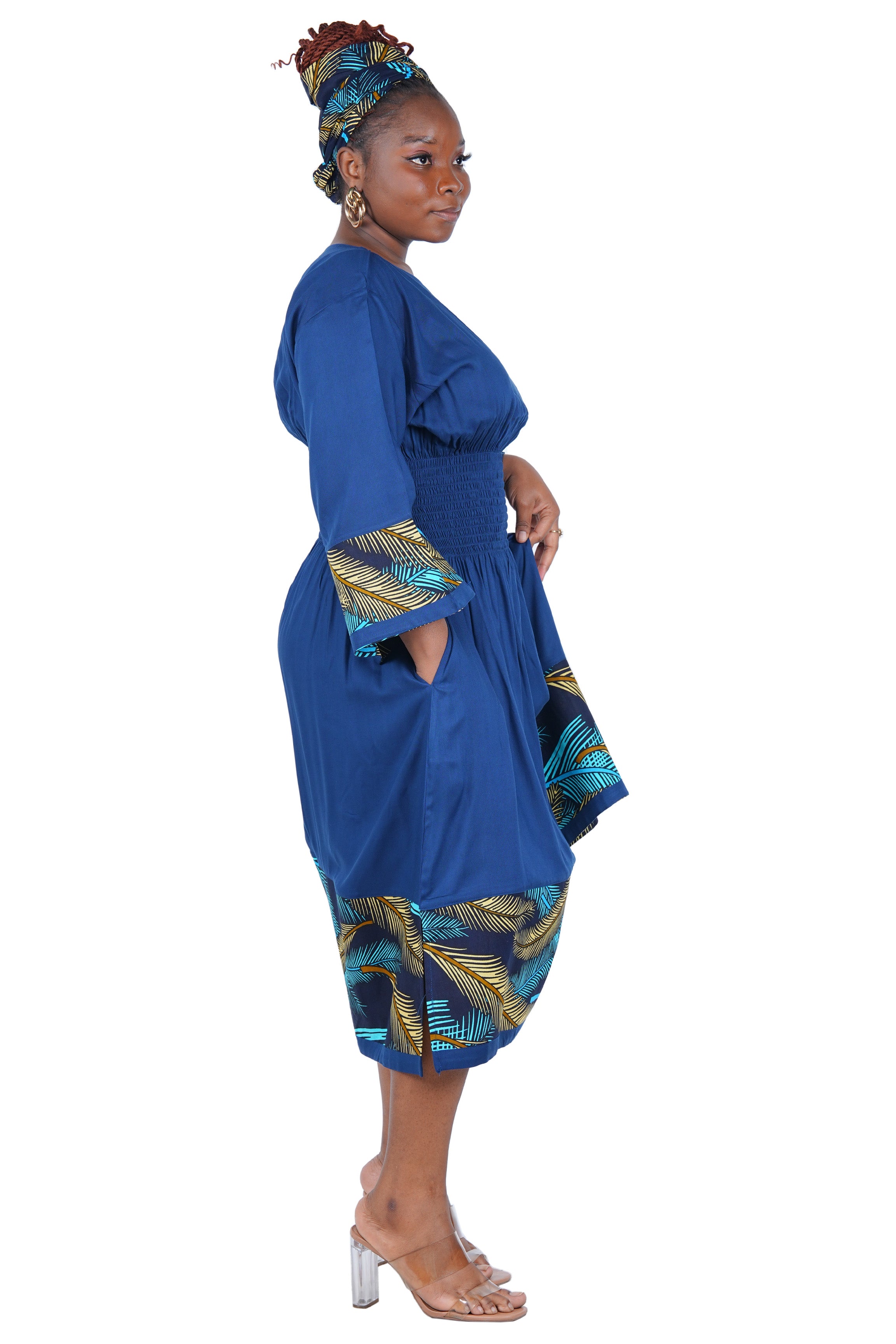 African Trim Midi Dress – Smocked, Headwrap &amp; Pockets | 100% Rayon | Patch work