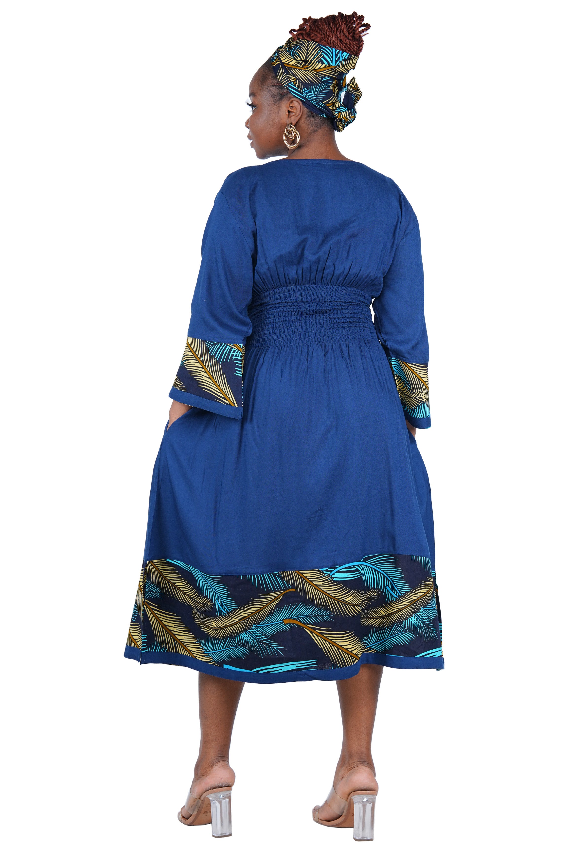African Trim Midi Dress – Smocked, Headwrap &amp; Pockets | 100% Rayon | Patch work