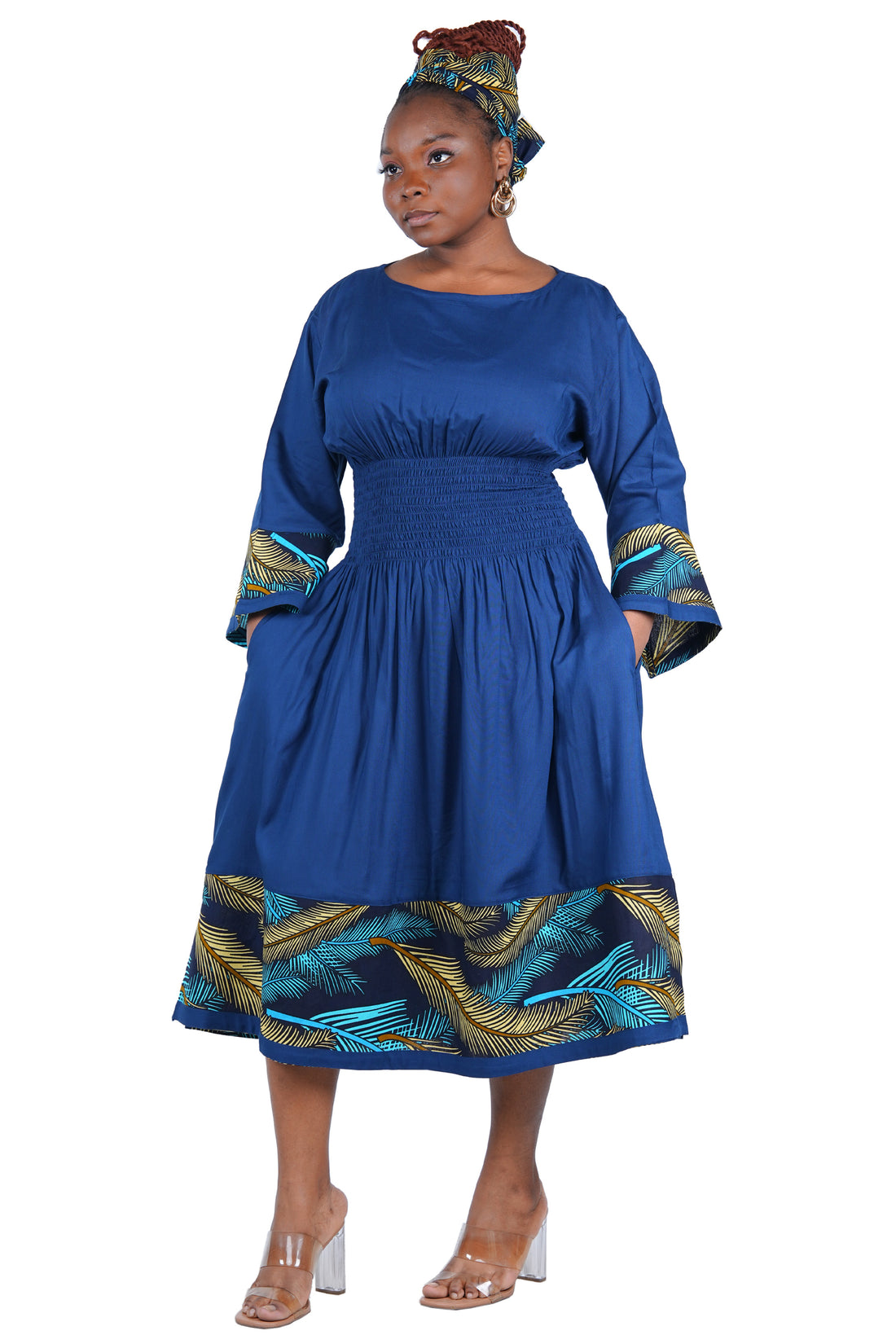African Trim Midi Dress – Smocked, Headwrap &amp; Pockets | 100% Rayon | Patch work