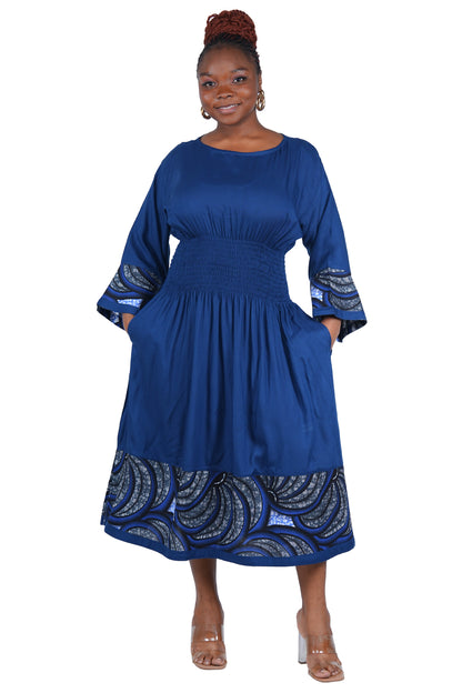 African Trim Midi Dress – Smocked, Headwrap &amp; Pockets | 100% Rayon | Patch work