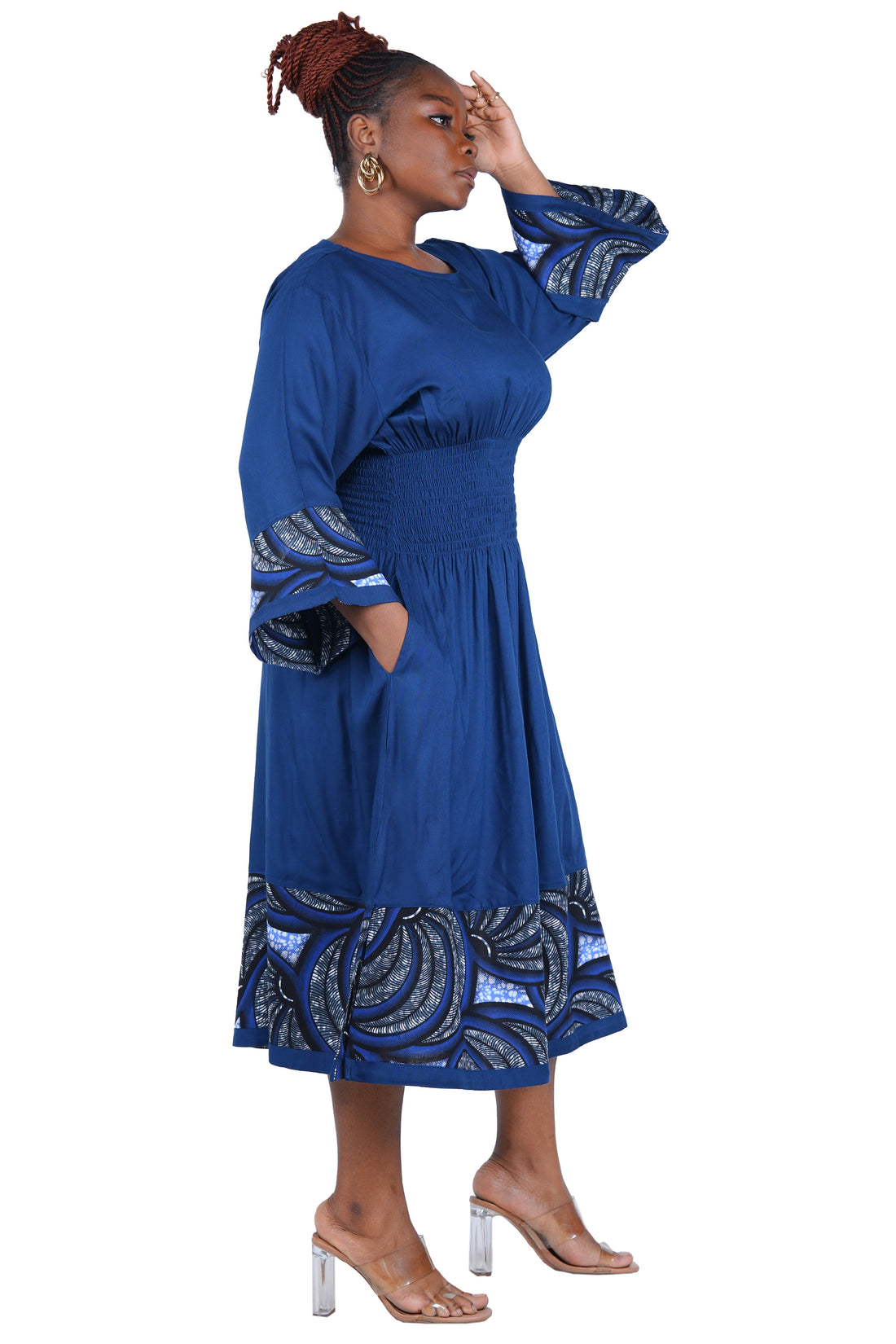 African Trim Midi Dress – Smocked, Headwrap &amp; Pockets | 100% Rayon | Patch work