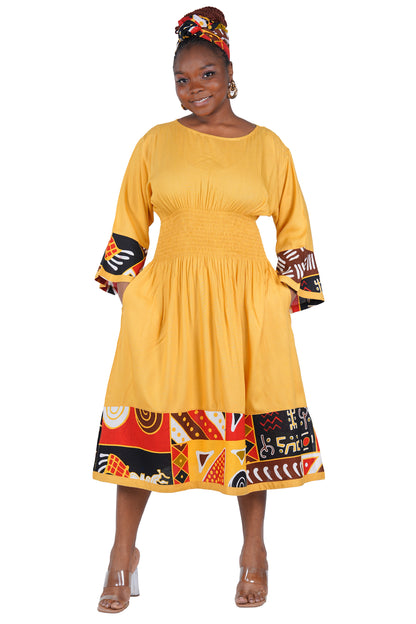 African Trim Midi Dress – Smocked, Headwrap &amp; Pockets | 100% Rayon | Patch work