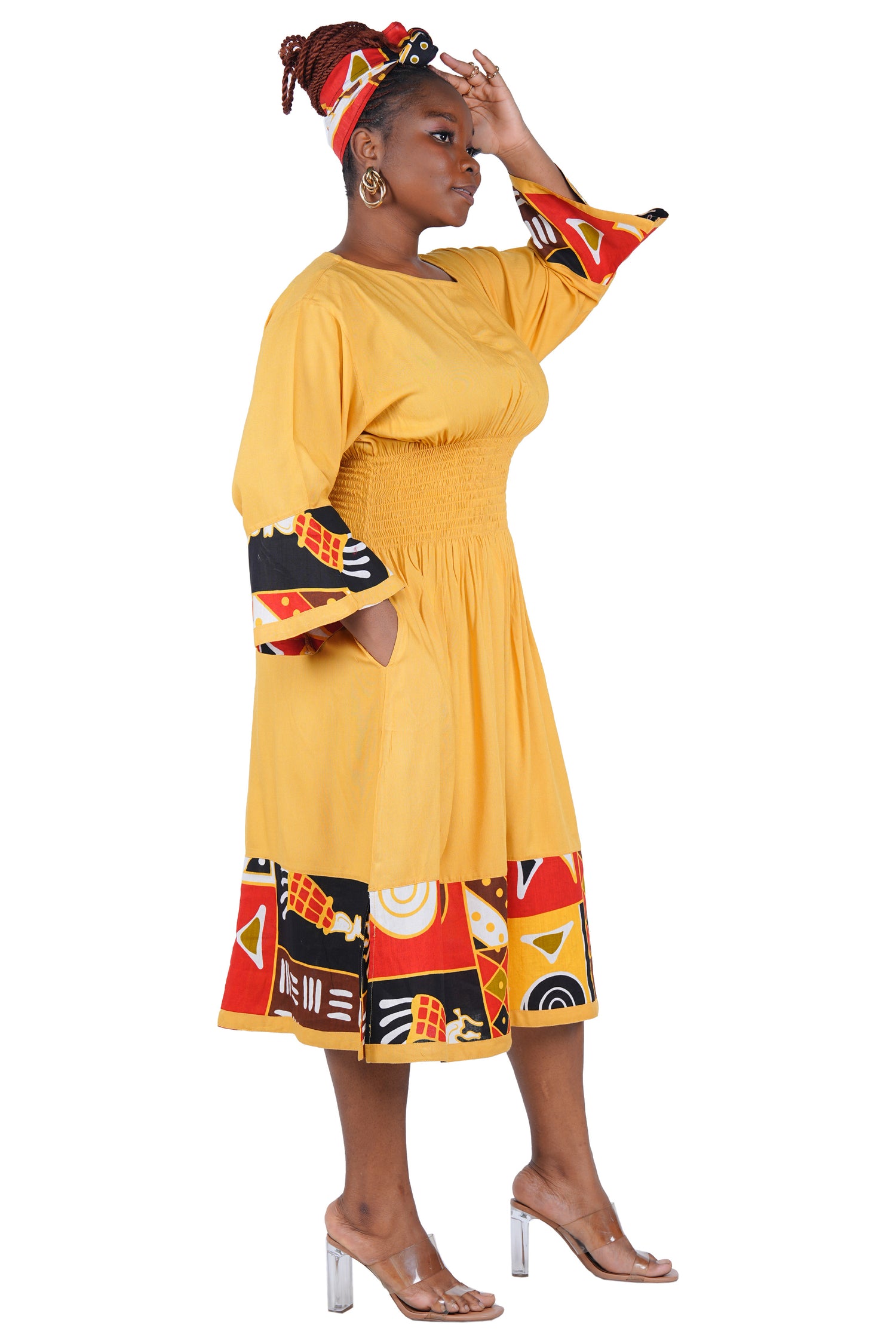 African Trim Midi Dress – Smocked, Headwrap &amp; Pockets | 100% Rayon | Patch work