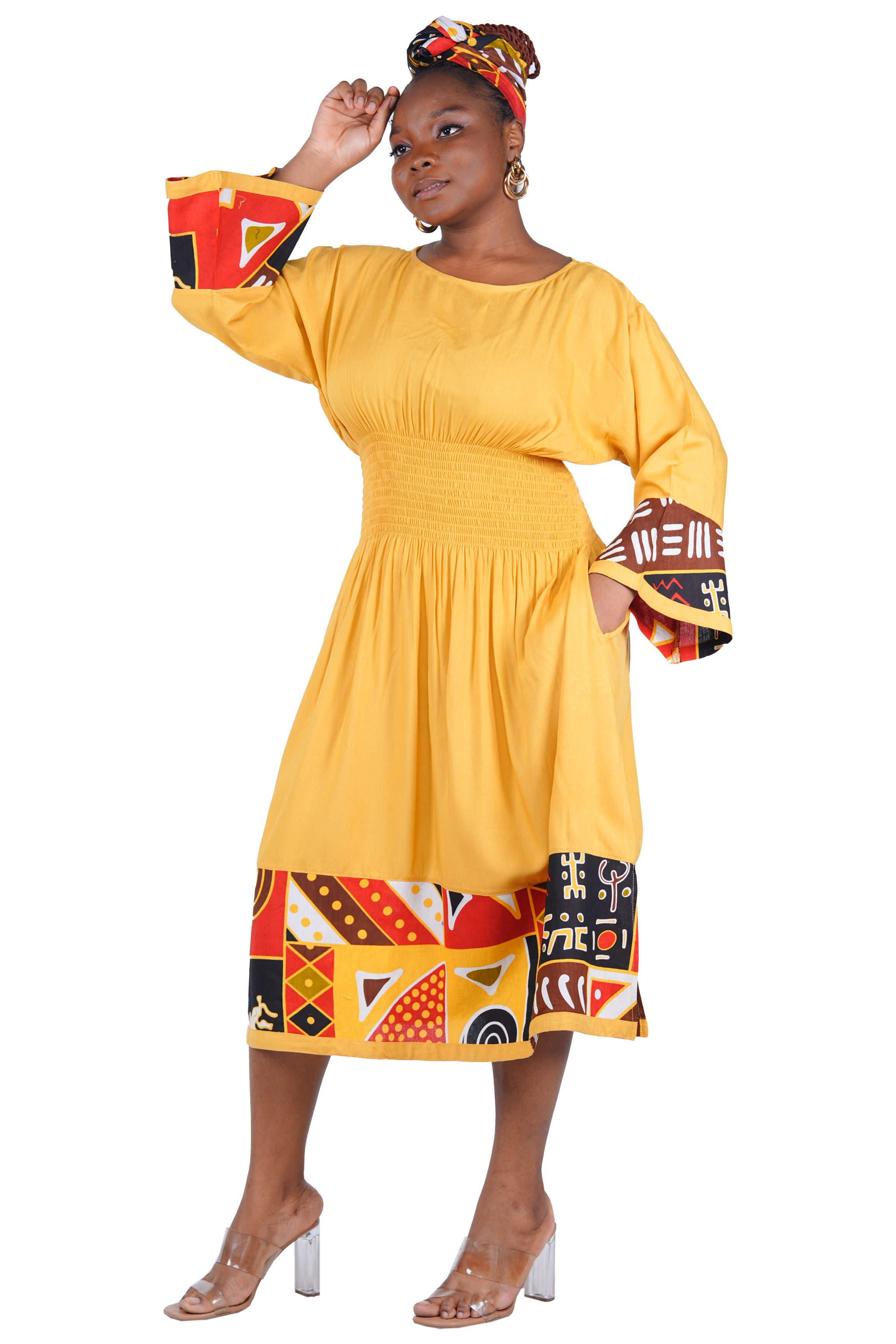 African Trim Midi Dress – Smocked, Headwrap &amp; Pockets | 100% Rayon | Patch work
