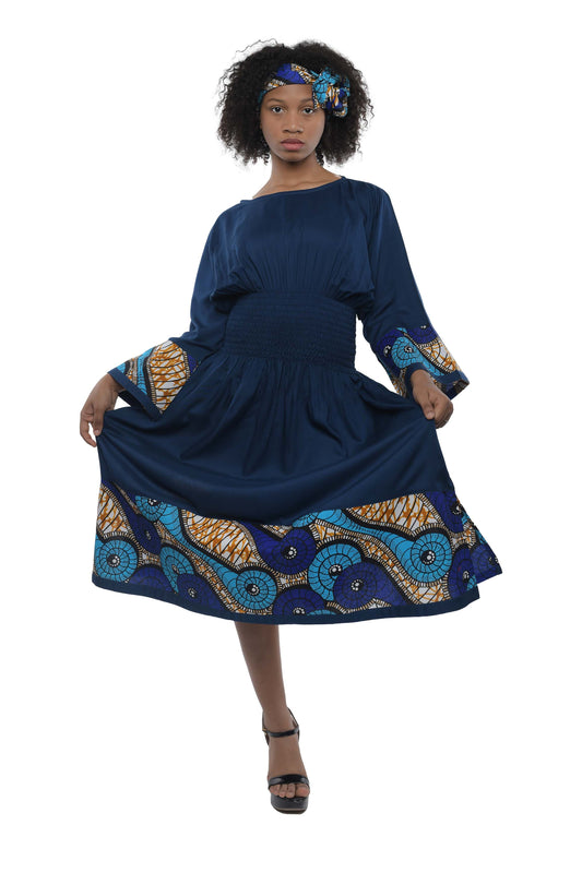 African Trim Blue Midi Dress