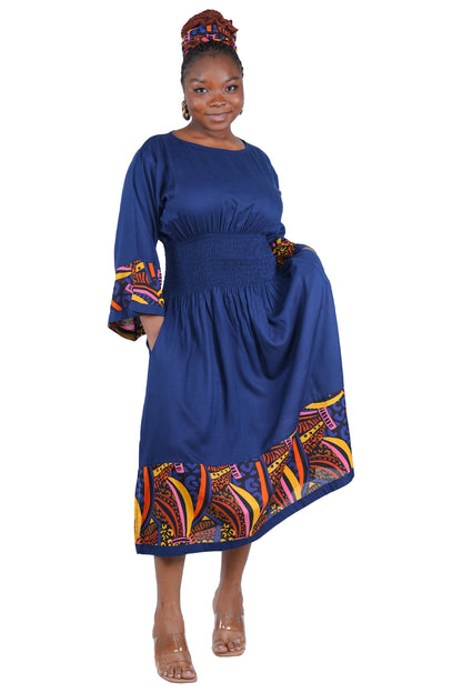 African Trim Midi Dress – Smocked, Headwrap &amp; Pockets | 100% Rayon | Patch work