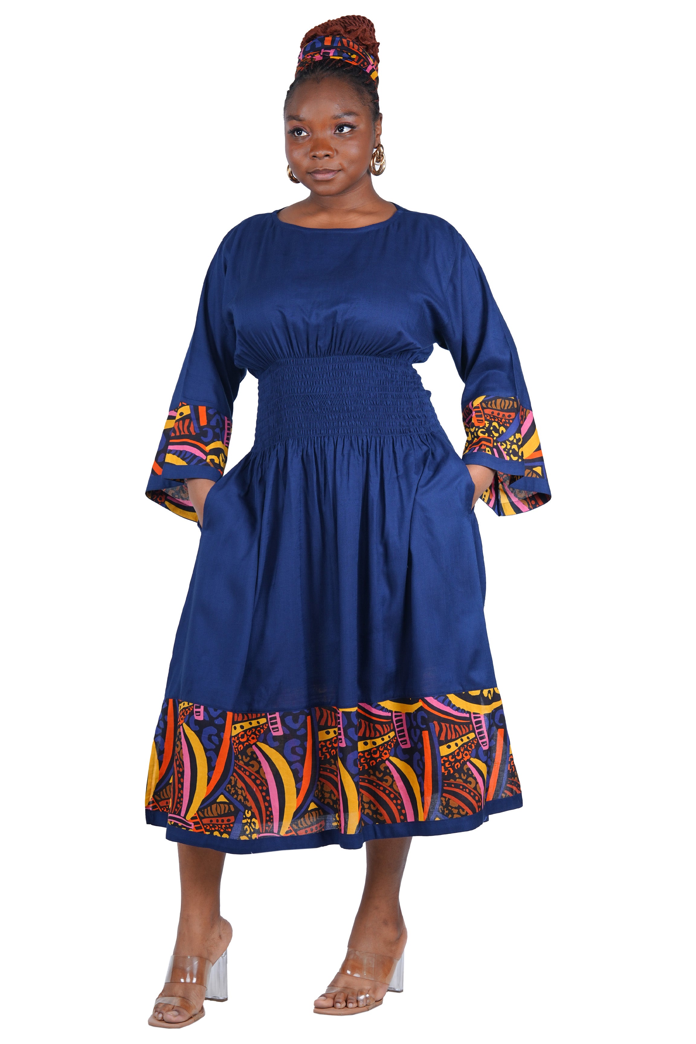 African Trim Midi Dress – Smocked, Headwrap &amp; Pockets | 100% Rayon | Patch work