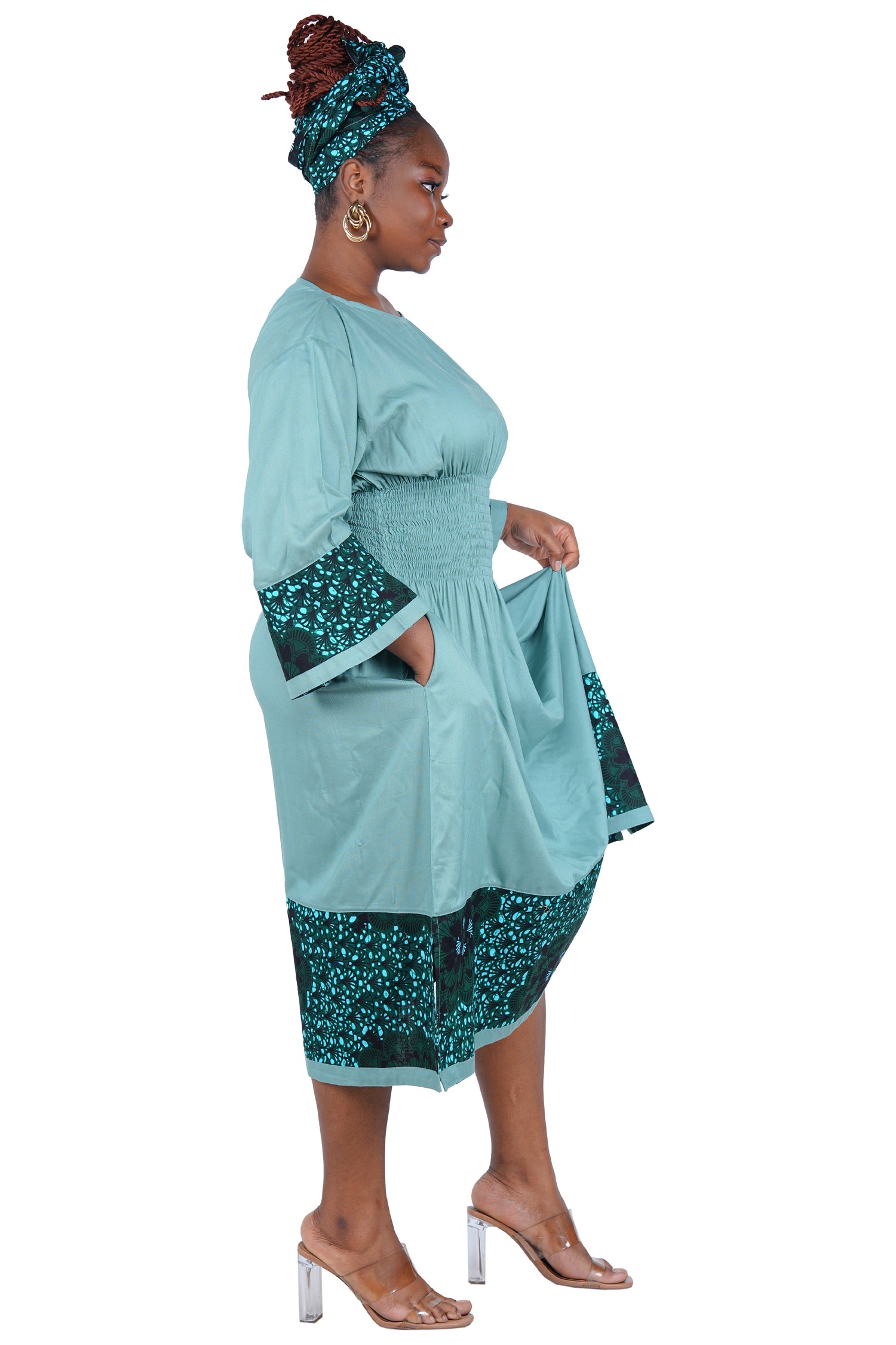 African Trim Midi Dress – Smocked, Headwrap &amp; Pockets | 100% Rayon | Patch work