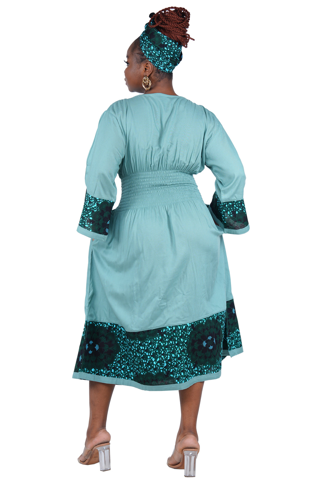 African Trim Midi Dress – Smocked, Headwrap &amp; Pockets | 100% Rayon | Patch work
