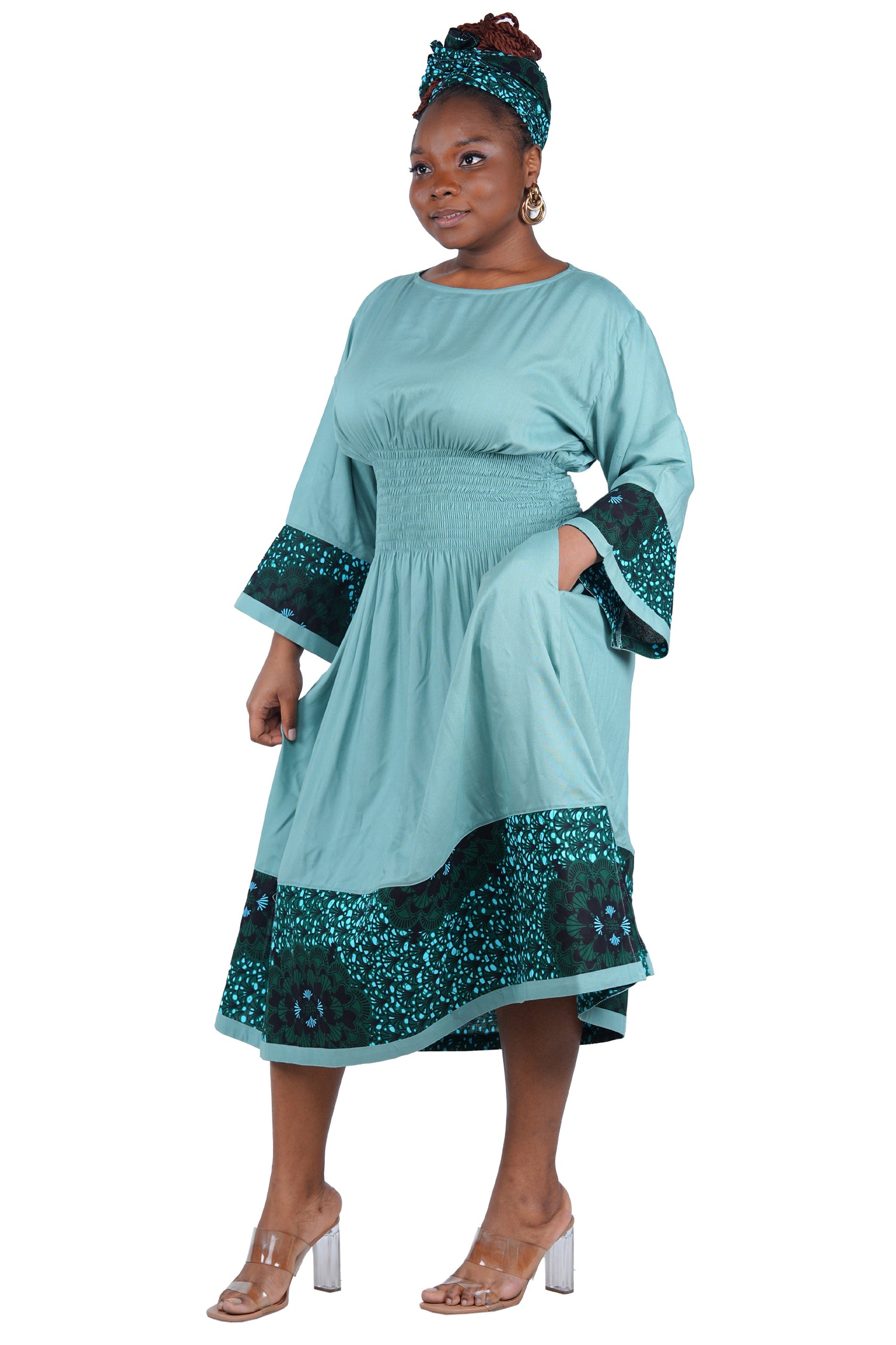 African Trim Midi Dress – Smocked, Headwrap &amp; Pockets | 100% Rayon | Patch work