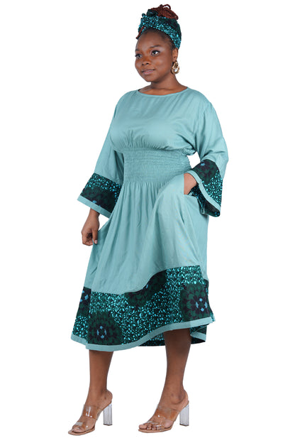 African Trim Midi Dress – Smocked, Headwrap &amp; Pockets | 100% Rayon | Patch work