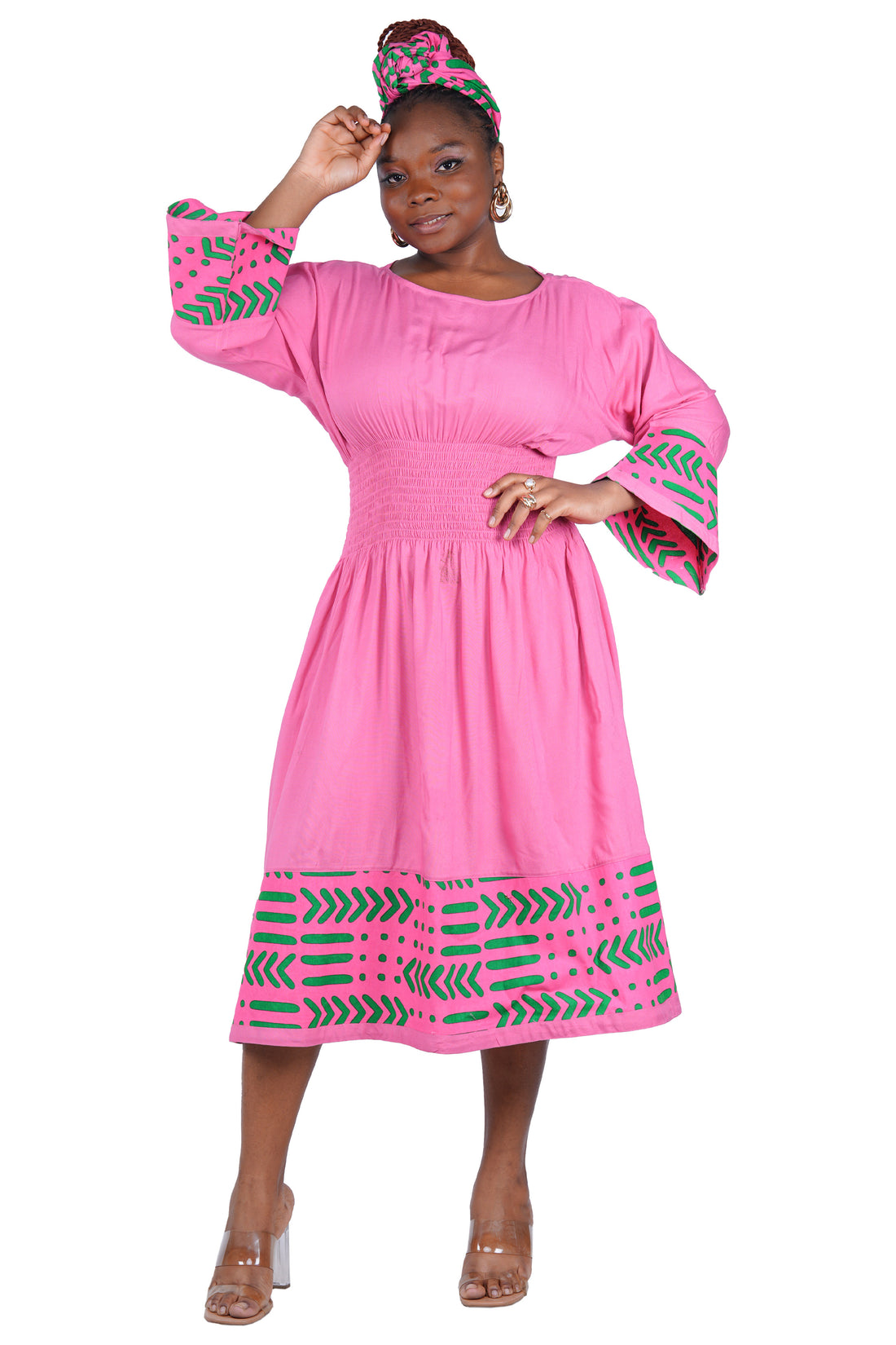 African Trim Midi Dress – Smocked, Headwrap &amp; Pockets | 100% Rayon | Patch work