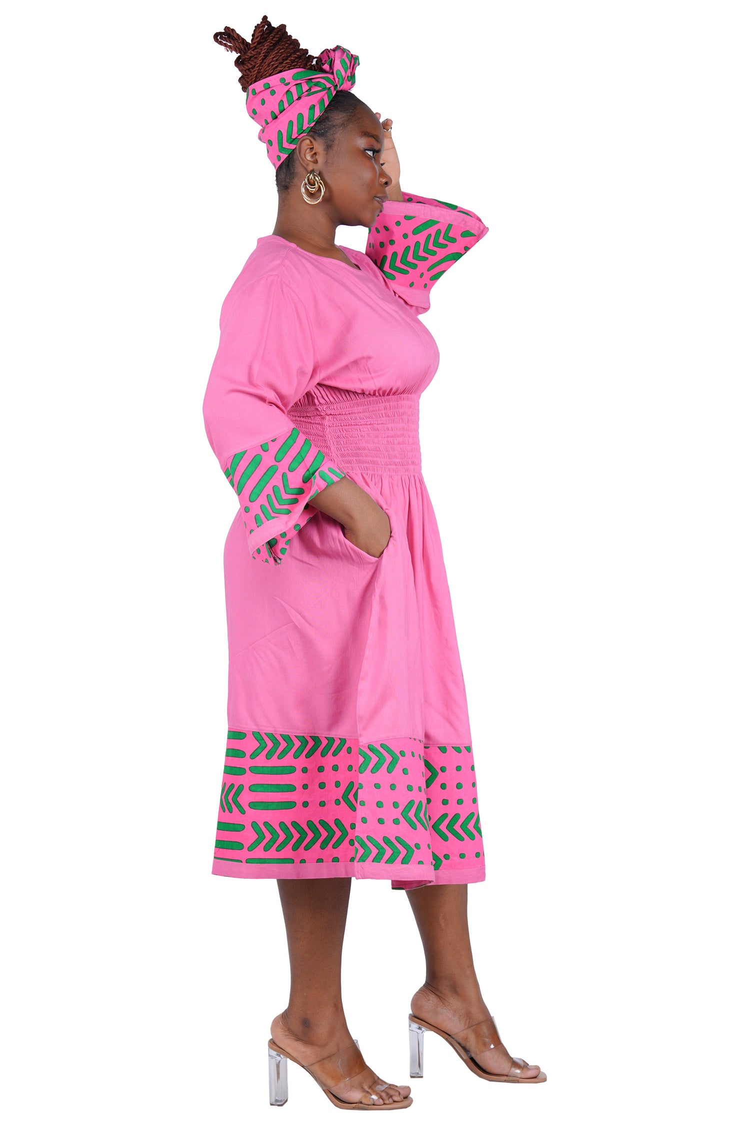 African Trim Midi Dress – Smocked, Headwrap &amp; Pockets | 100% Rayon | Patch work