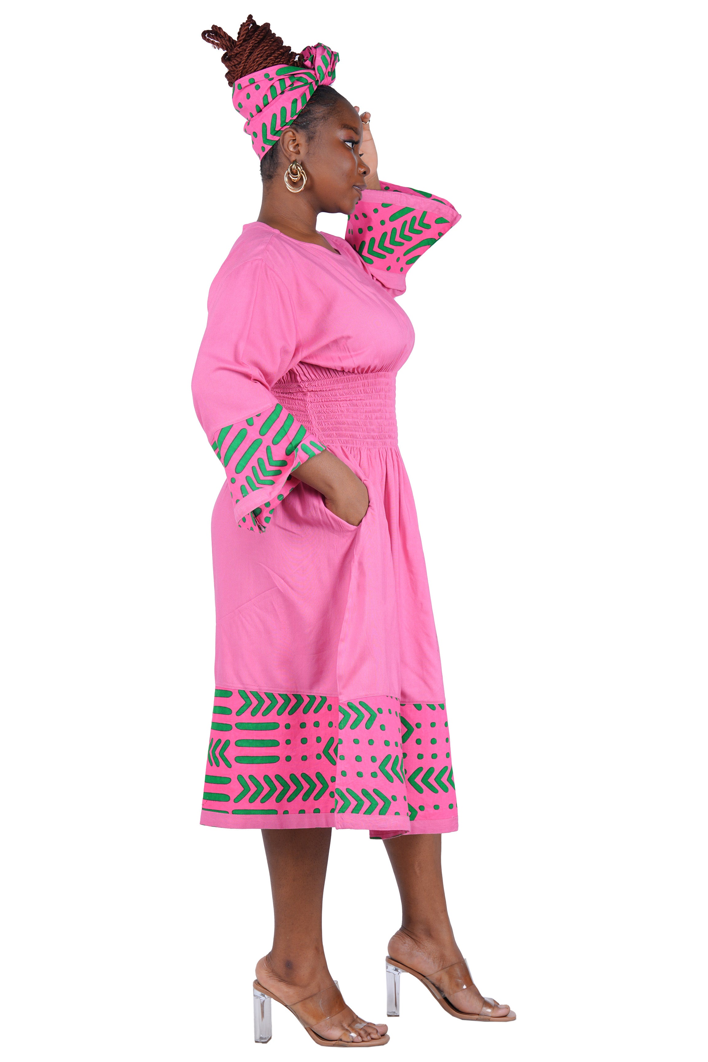 African Trim Midi Dress – Smocked, Headwrap &amp; Pockets | 100% Rayon | Patch work
