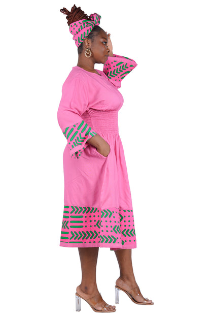 African Trim Midi Dress – Smocked, Headwrap &amp; Pockets | 100% Rayon | Patch work