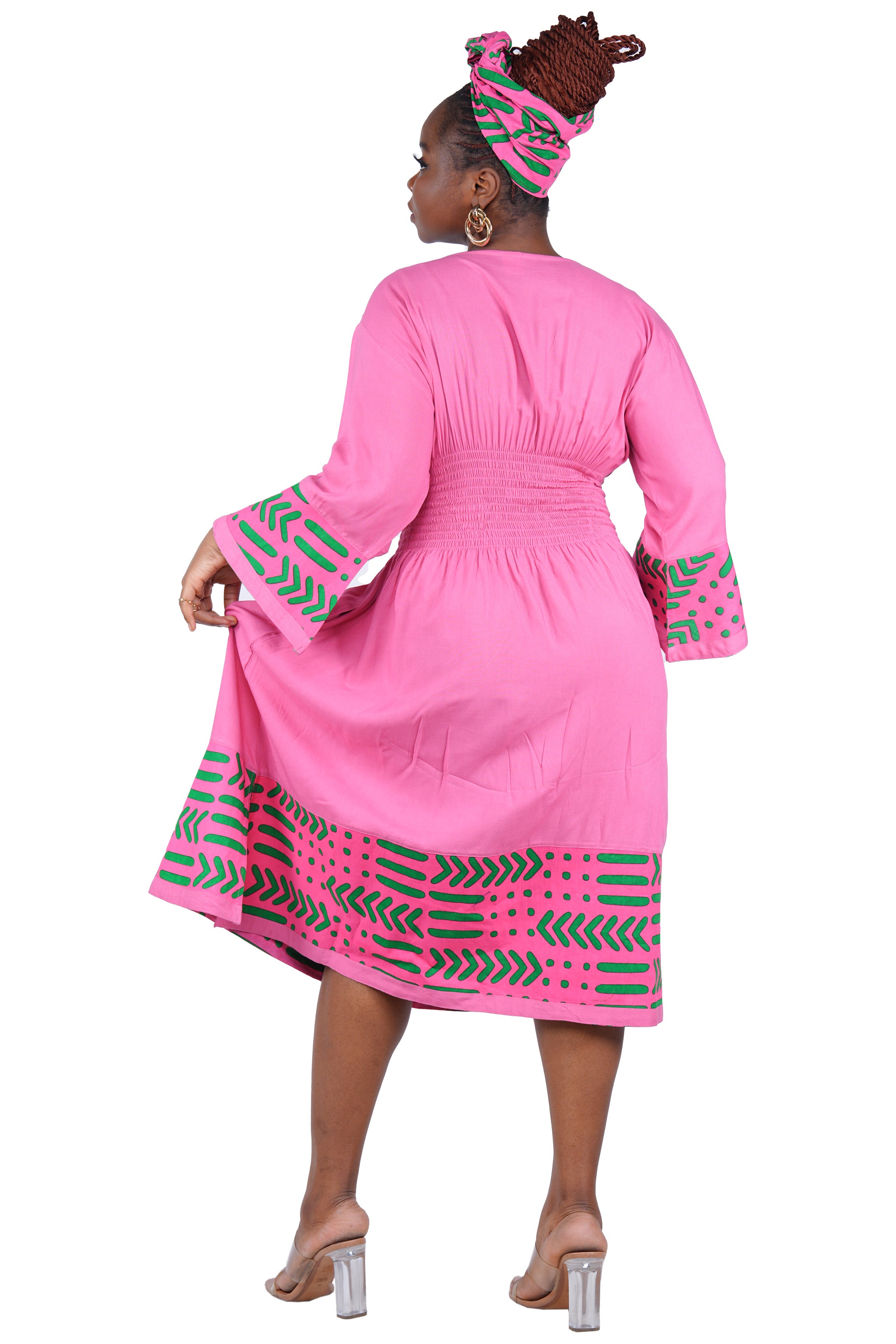 African Trim Midi Dress – Smocked, Headwrap &amp; Pockets | 100% Rayon | Patch work