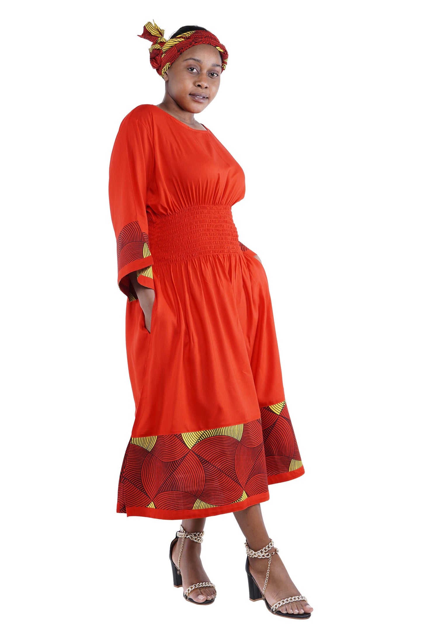 African Trim Red Midi Dress