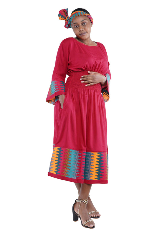 African Trim Pink Midi Dress