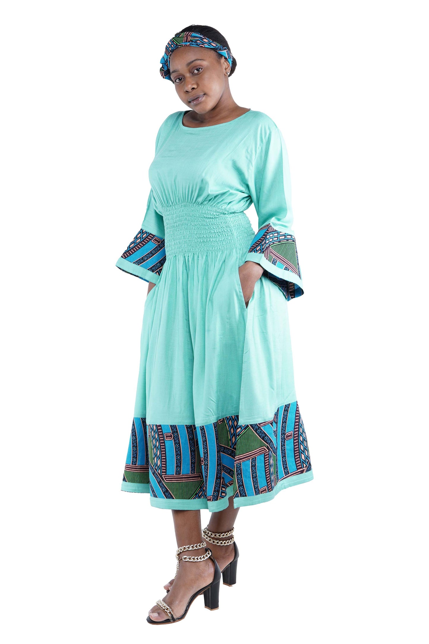African Trim Sea Green Midi Dress