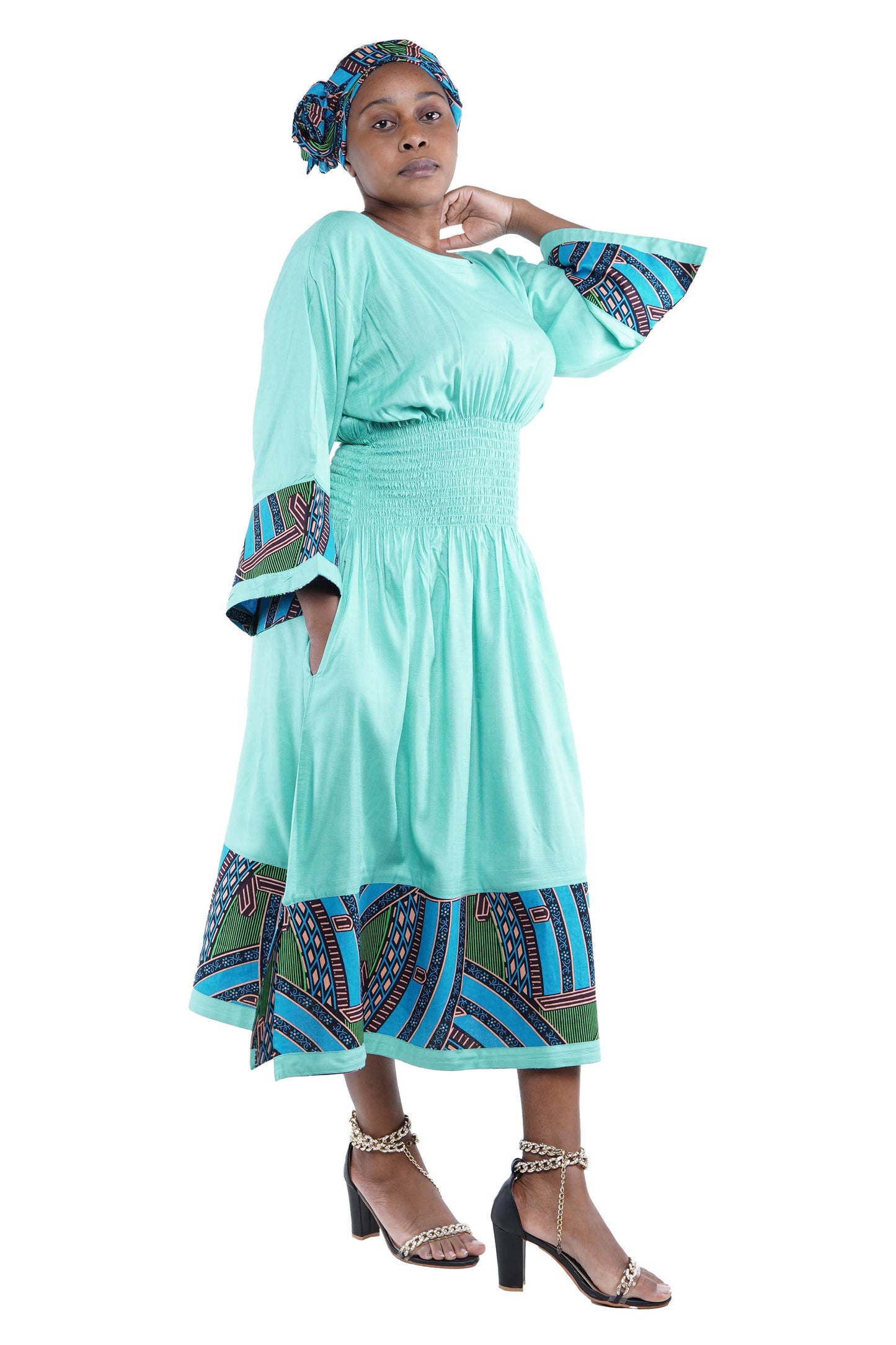African Trim Sea Green Midi Dress