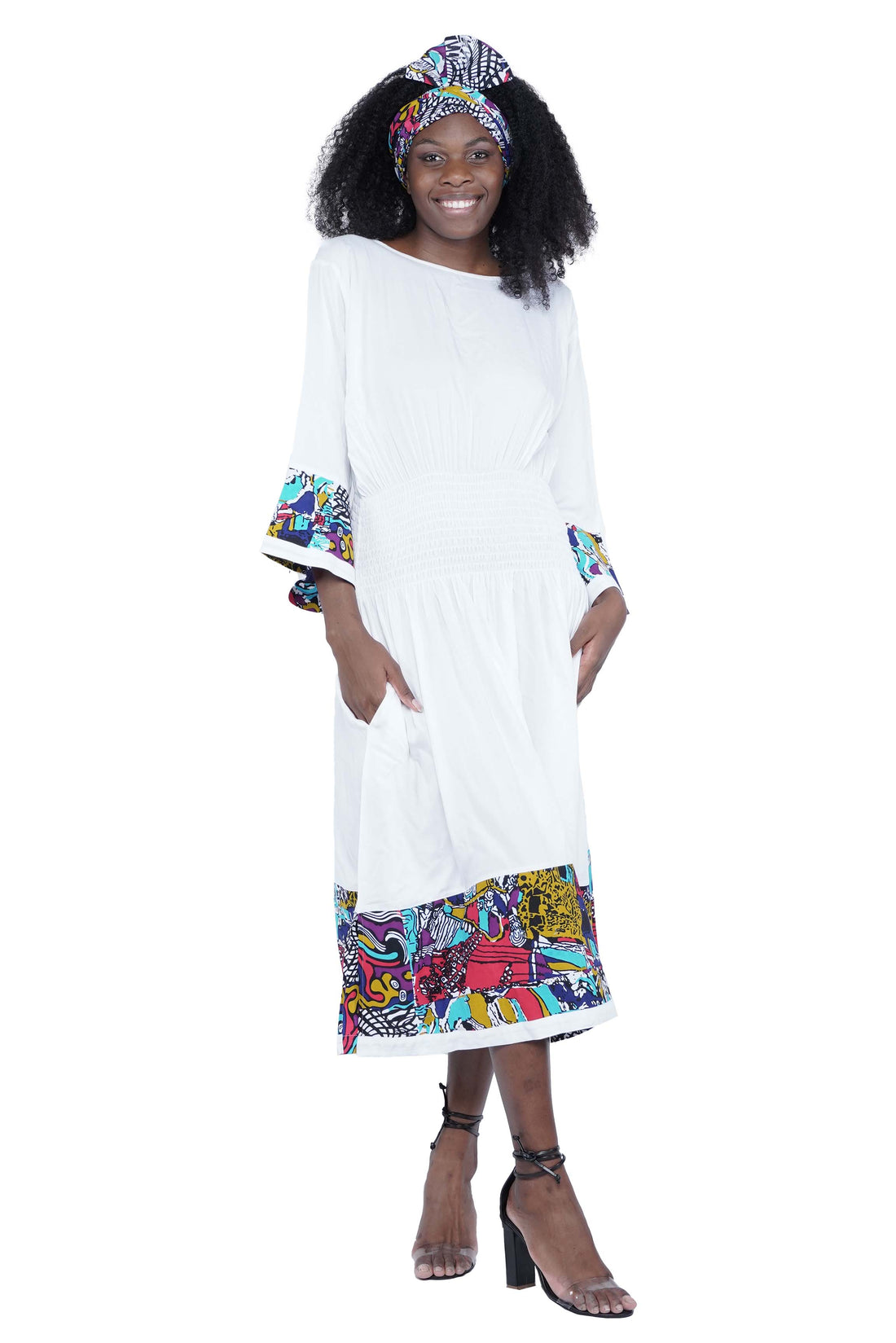 African Trim White Midi Dress