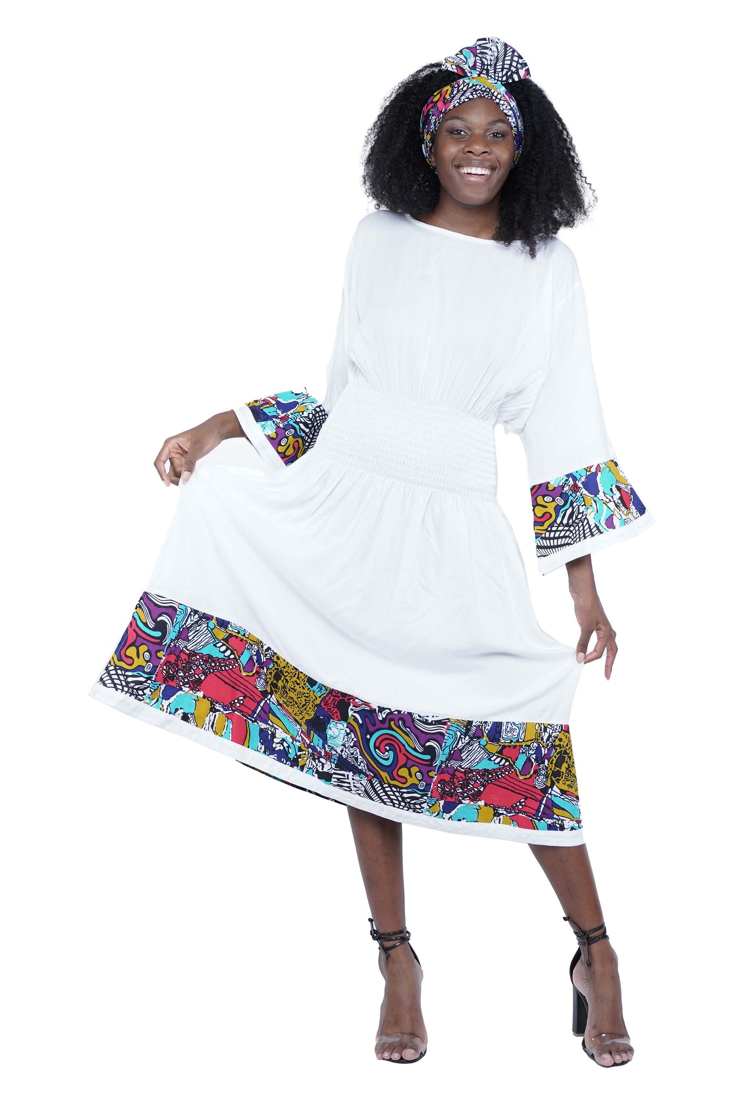 African Trim White Midi Dress