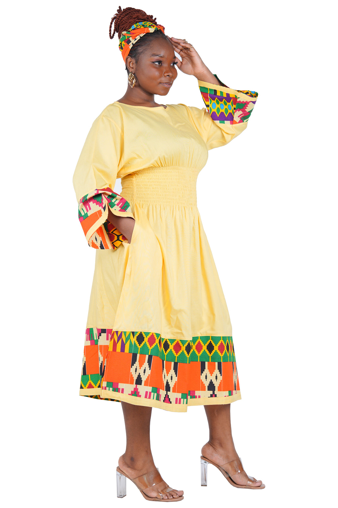 African Trim Midi Dress – Smocked, Headwrap &amp; Pockets | 100% Rayon | Patch work