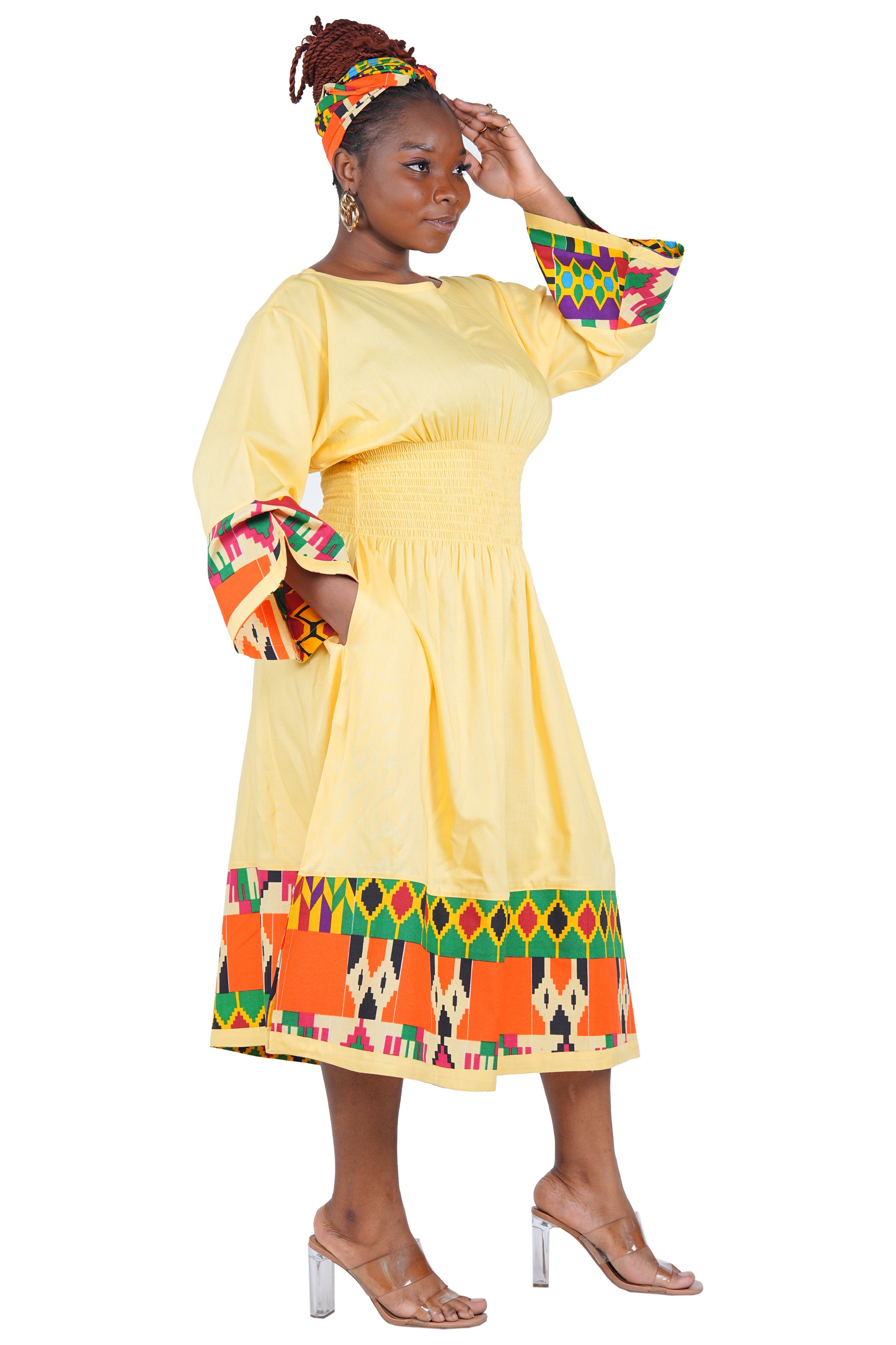 African Trim Midi Dress – Smocked, Headwrap &amp; Pockets | 100% Rayon | Patch work