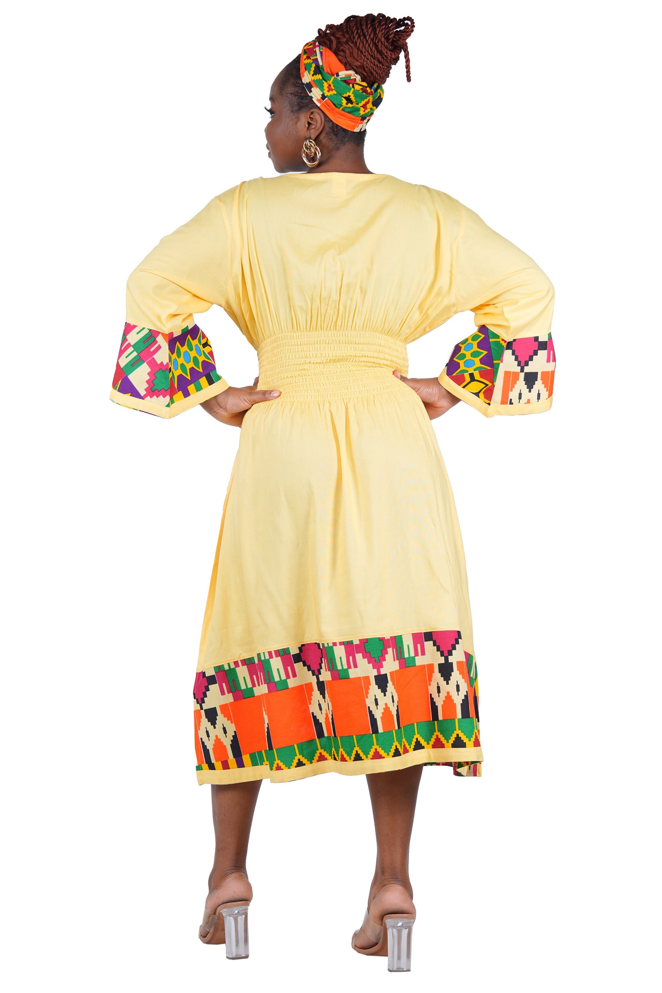 African Trim Midi Dress – Smocked, Headwrap &amp; Pockets | 100% Rayon | Patch work