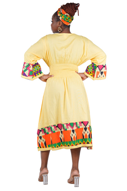 African Trim Midi Dress – Smocked, Headwrap &amp; Pockets | 100% Rayon | Patch work