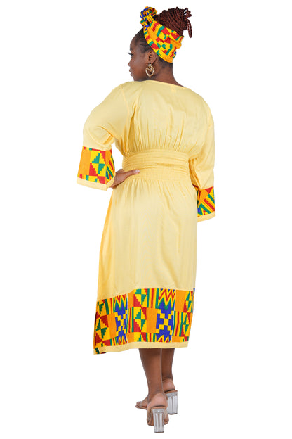 African Trim Midi Dress – Smocked, Headwrap &amp; Pockets | 100% Rayon | Patch work